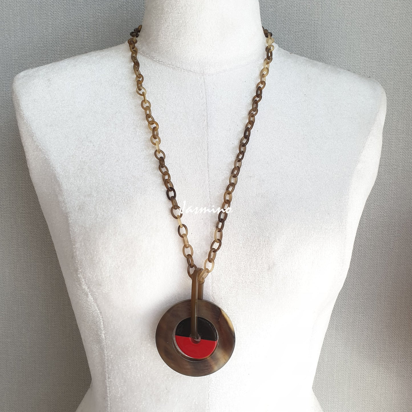 red circle horn necklace in natural light, 90cm