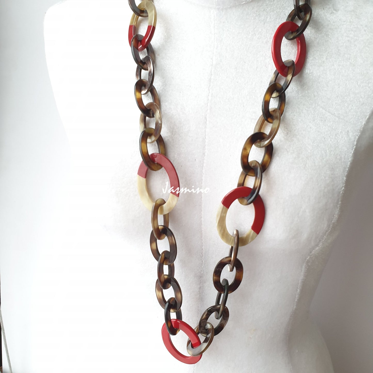 unique handmade Bohemian chain link features brown and pink in natural buffalo horn on Christmas 