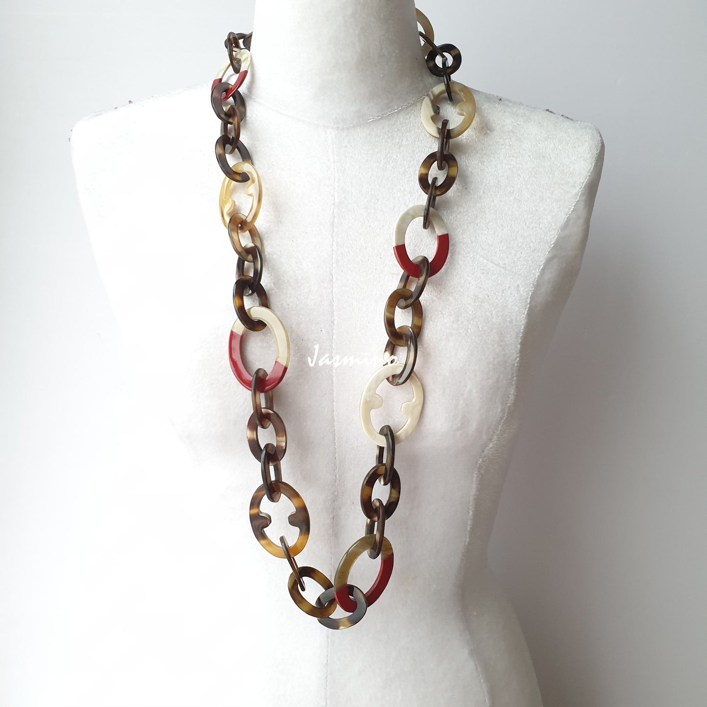 The necklace has large pieces with half natural horn and half red dahlia lacquer, unique gift for her