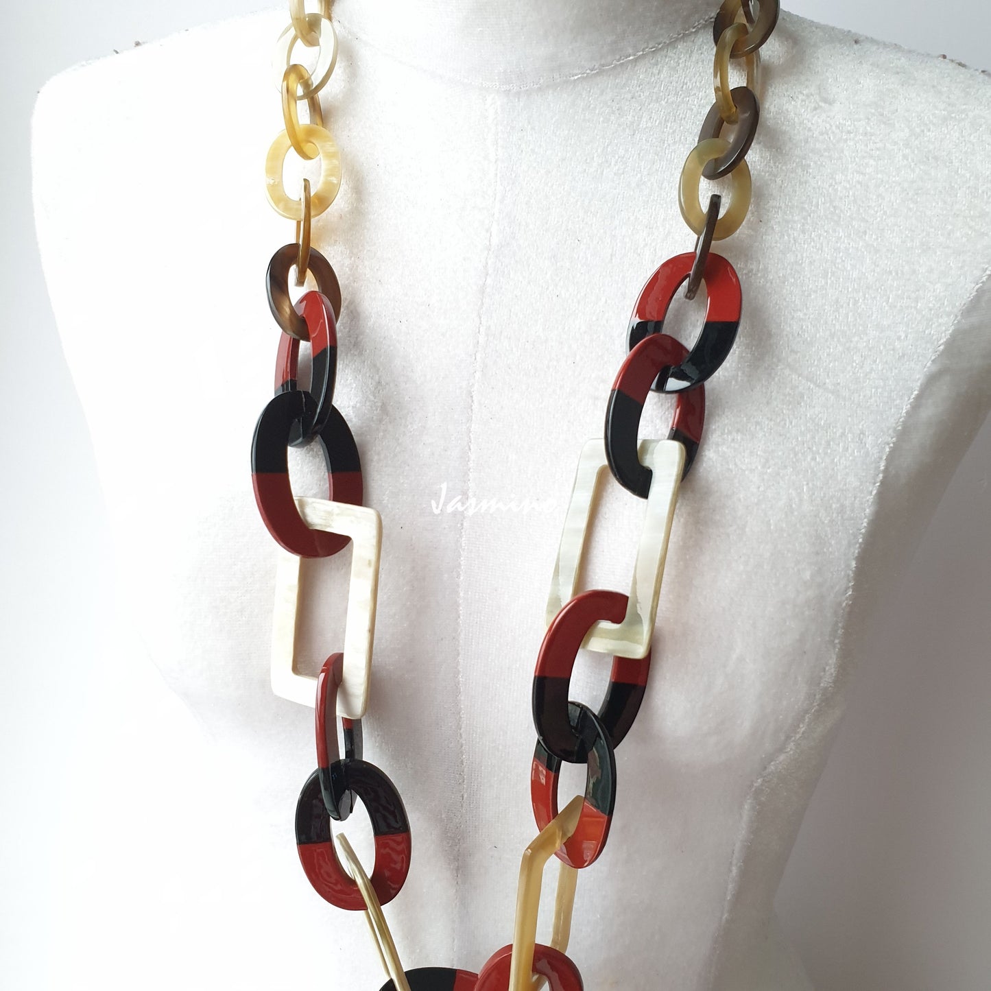 The necklace has pieces with half natural horn and half red dahlia lacquer, unique gift for her