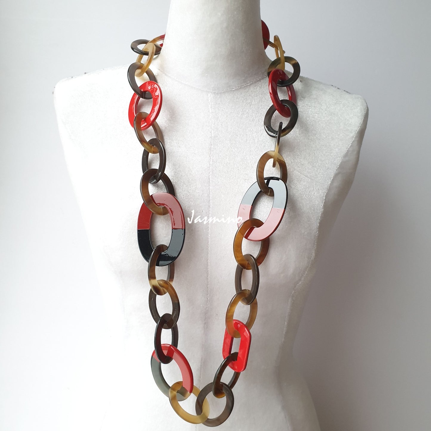 The necklace has large pieces with half natural horn and half red dahlia lacquer, unique Christmas gift for her