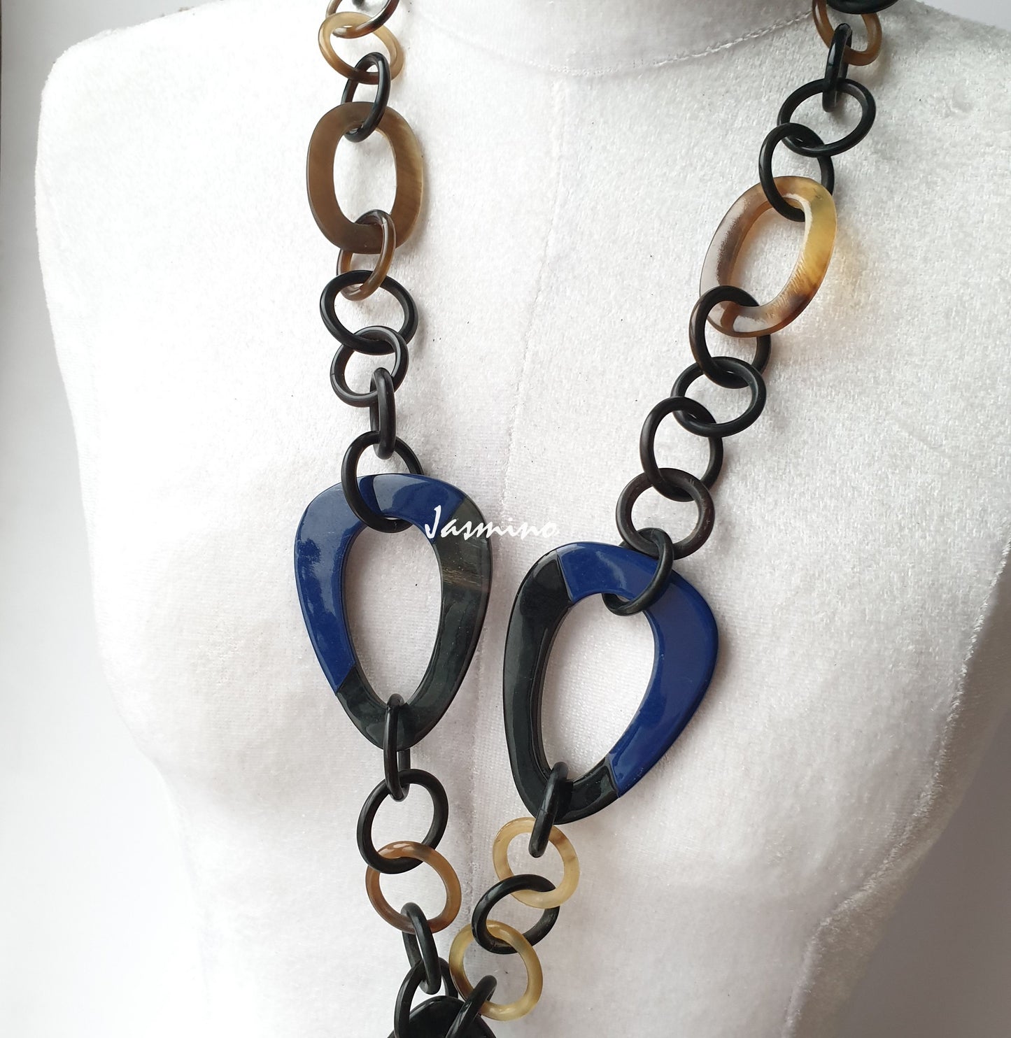 The necklace has pieces large with half natural horn and half classic blue lacquer, unique gift for her