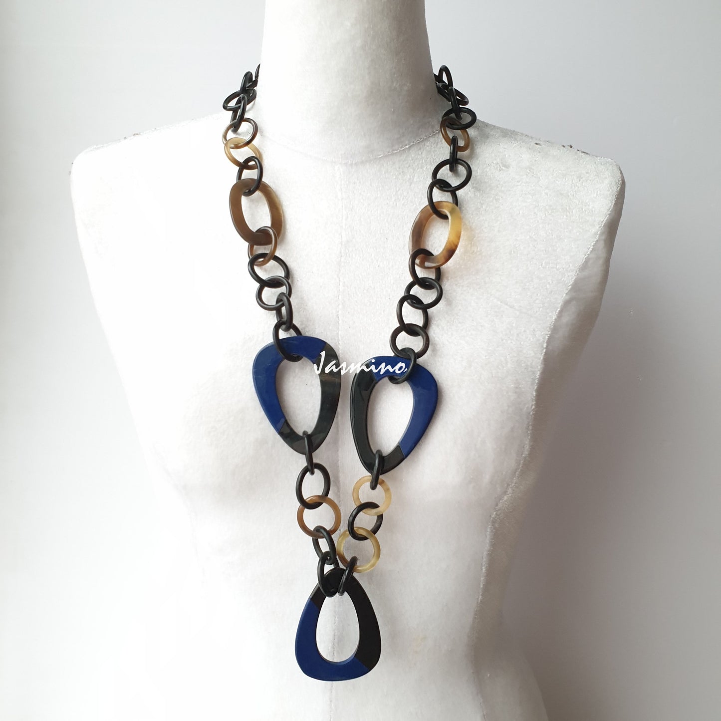 The necklace has pieces large with half natural horn and half classic blue lacquer, unique gift for her