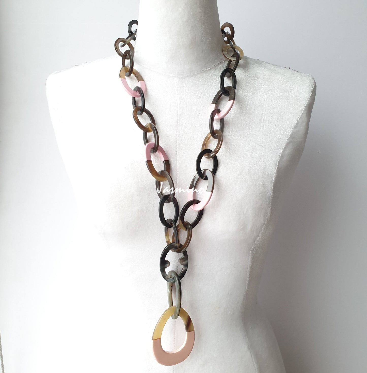 The necklace has pieces with half natural horn and half rose quartz lacquer, unique gift for her