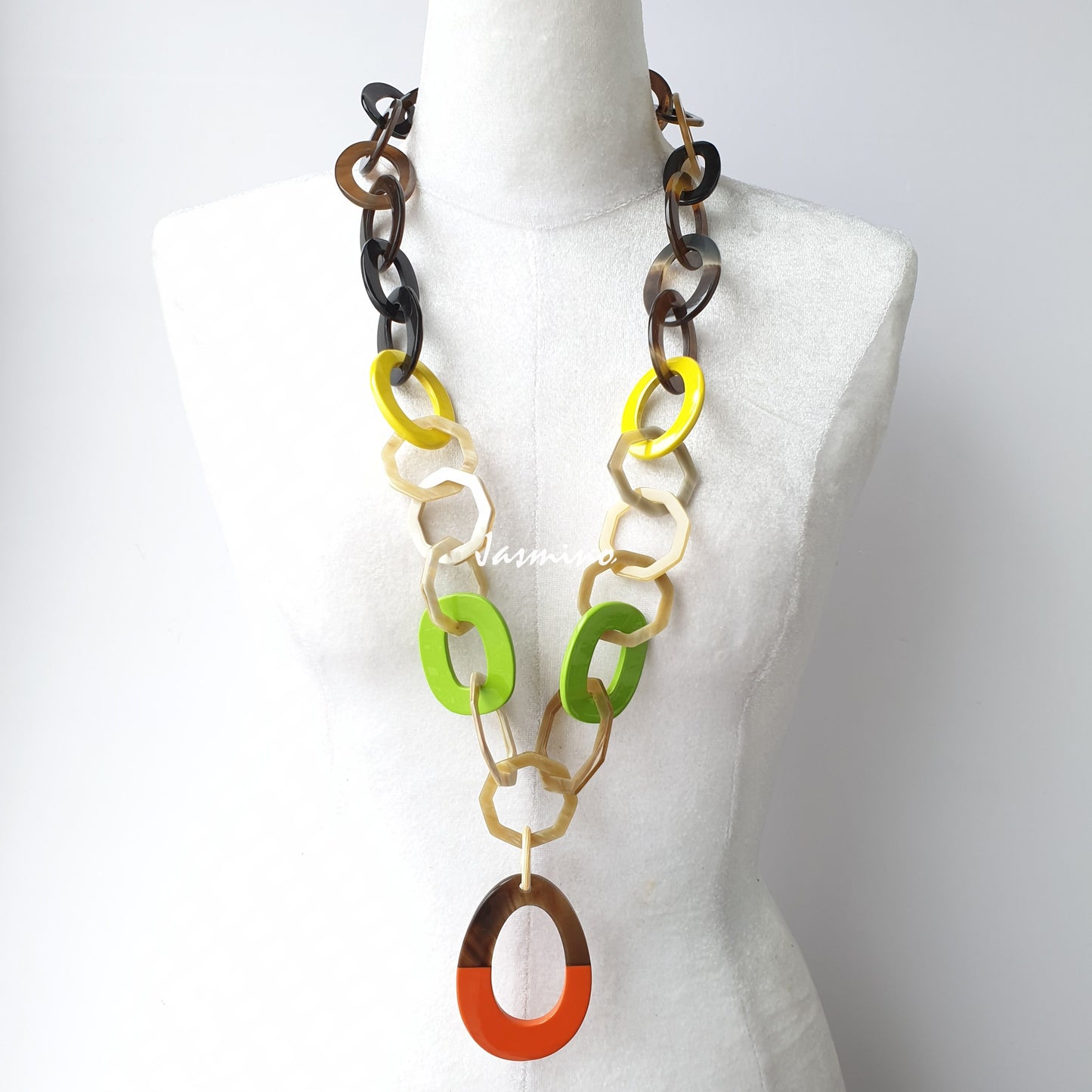 The necklace has a large piece with half natural horn and half orange peel lacquer on the bottom, unique gift for her