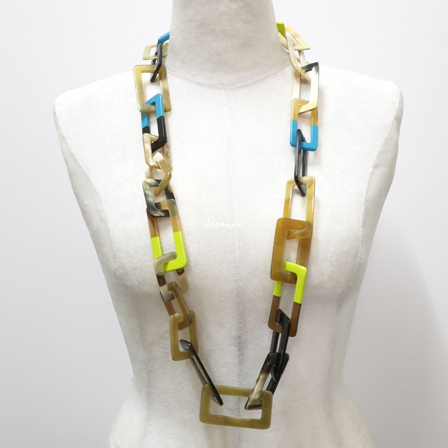 Colorful necklace has rectangular links with half natural buffalo horn and half trendy lacquer, unique gift for her