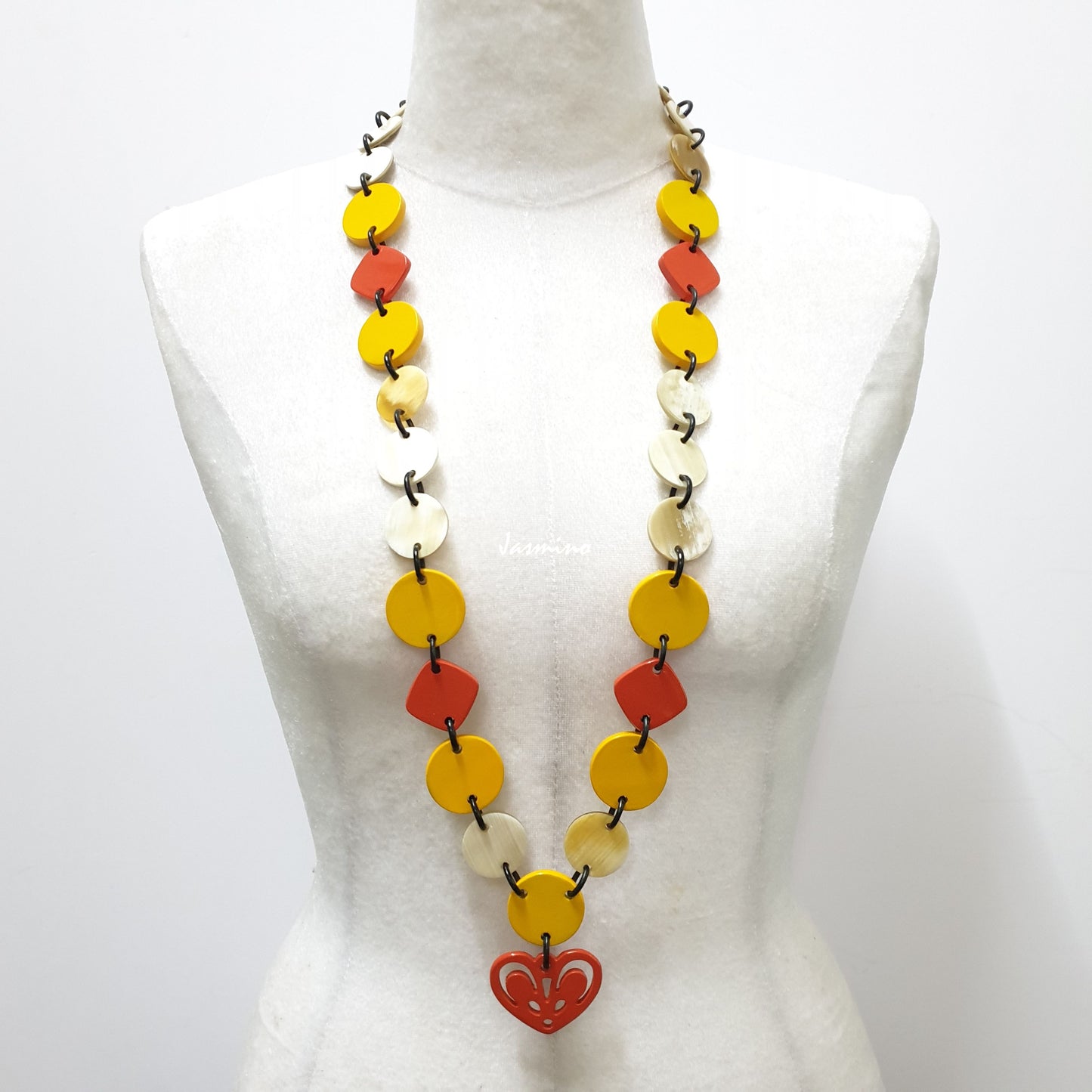 The necklace is made from natural buffalo horn with vibrant yellow and orange peel lacquer, unique gift for your friend