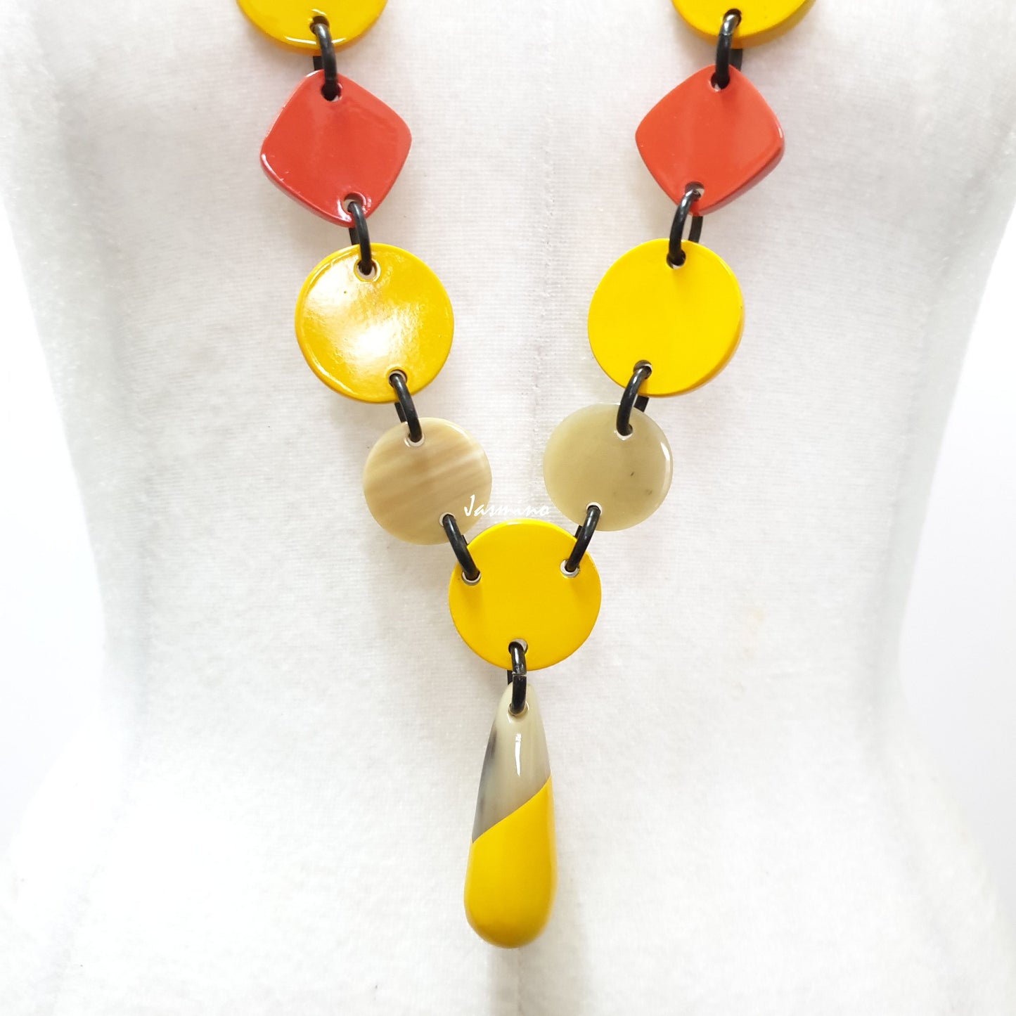 The necklace is made from natural buffalo horn with vibrant yellow and orange peel lacquer, unique gift for your friend