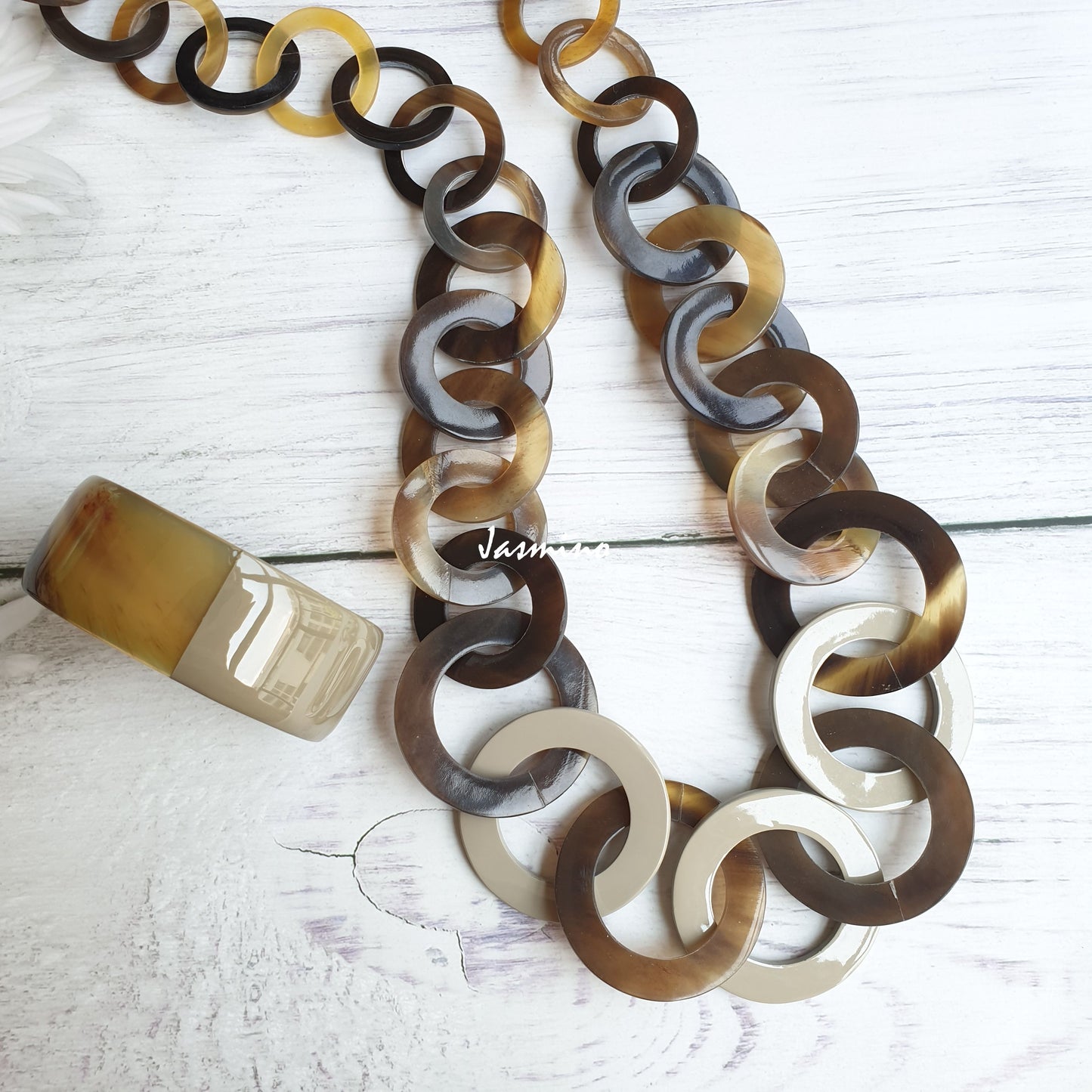 unique handmade Bohemian large chain link necklace and cuff bracelet accessory feature a dark colour in natural buffalo horn 