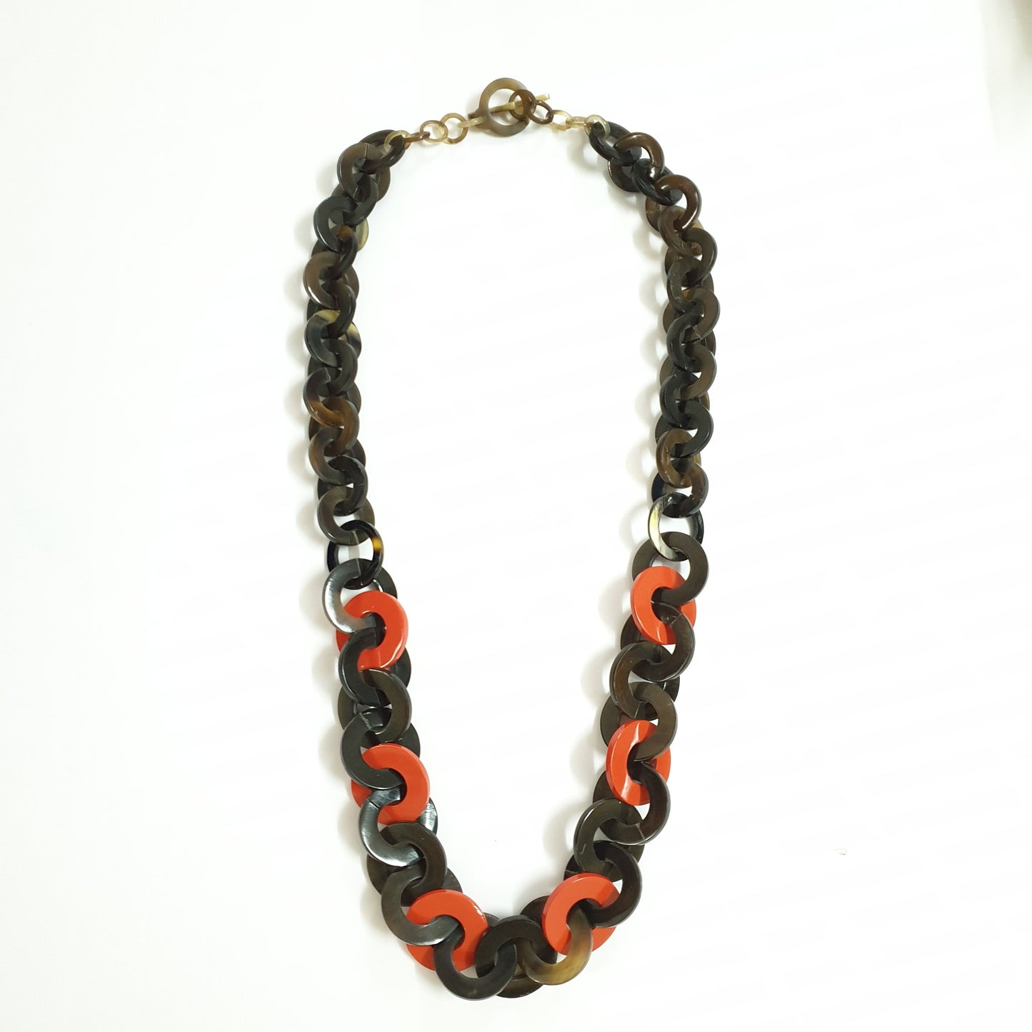 unique handmade Bohemian large chain link necklace accessory features black and orange in natural buffalo horn for women's gifts