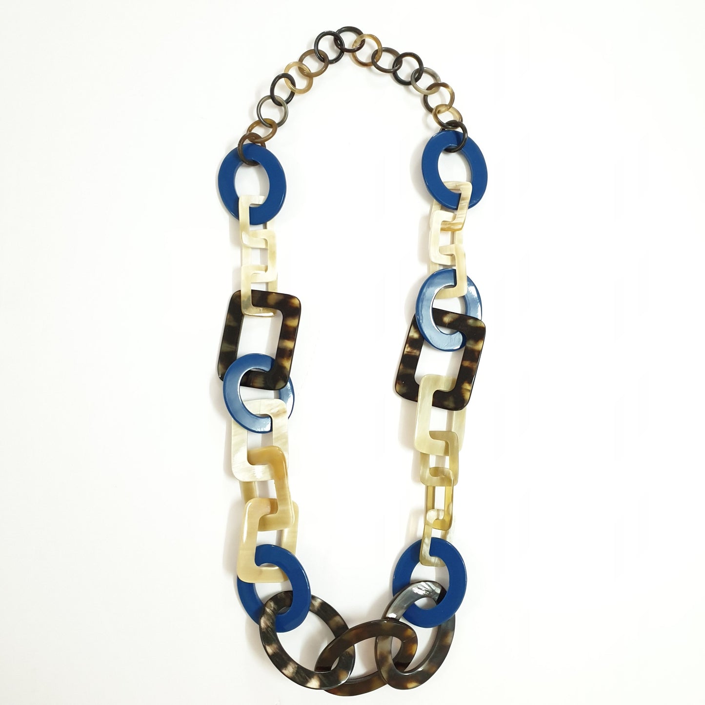 Jasmino unique handmade Bohemian large circle rectangle chain link necklace features blue and white in natural buffalo horn