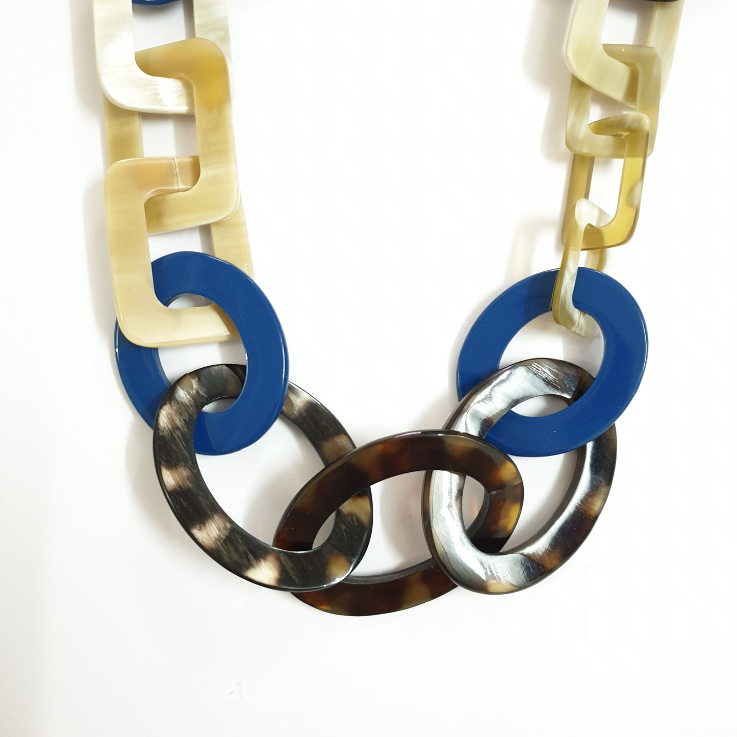 Jasmino unique handmade Bohemian large circle rectangle chain link necklace features blue and white in natural buffalo horn