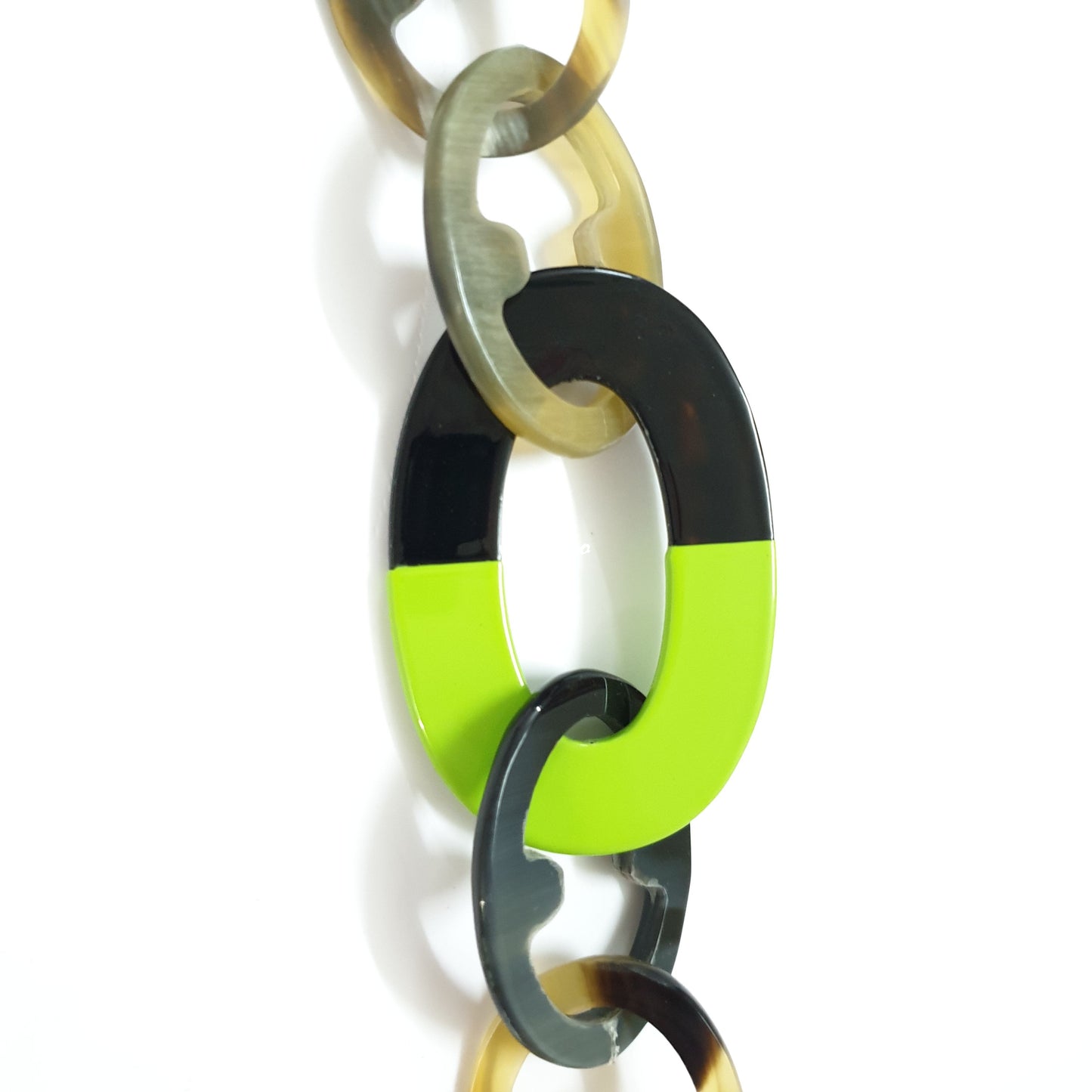 unique handmade Bohemian long chain link necklace features black and lime green in natural buffalo horn 