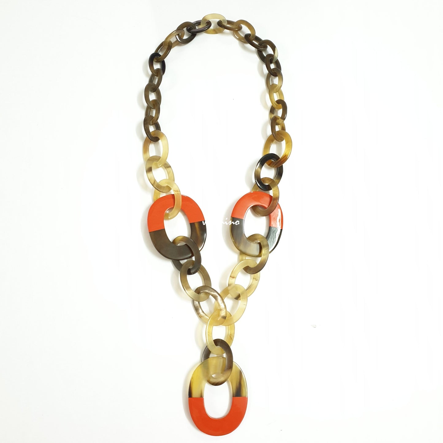 Jasmino unique handmade Vintage chain link necklace features brown and orange in natural buffalo horn on Thanksgiving