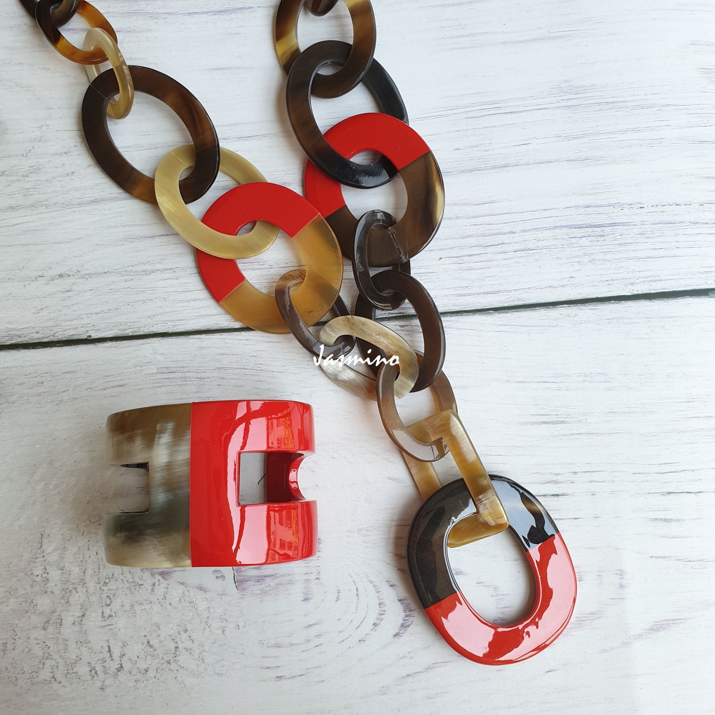 Red Handmade Unique Jewelry Chain Link Necklace Made By Natural Buffalo Horn J18124