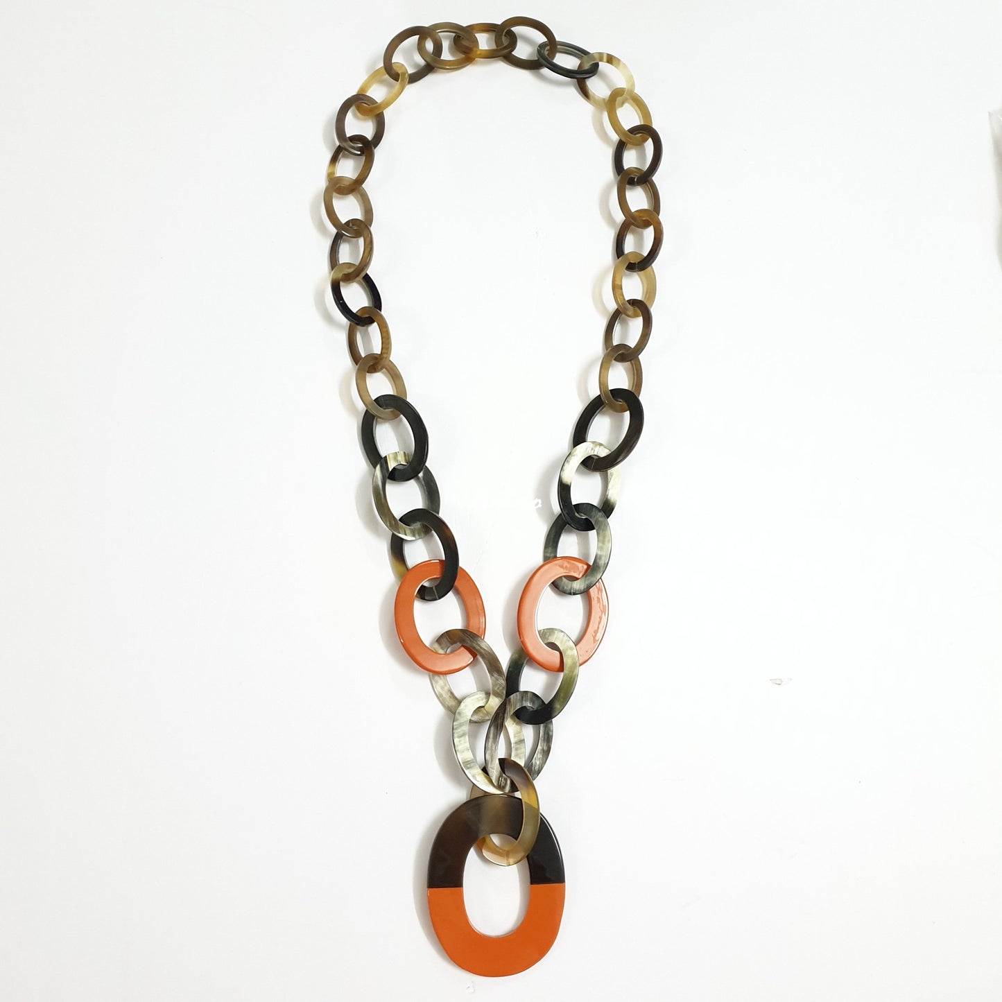 Jasmino unique handmade circle chain link necklace features brown and orange in natural buffalo horn for women