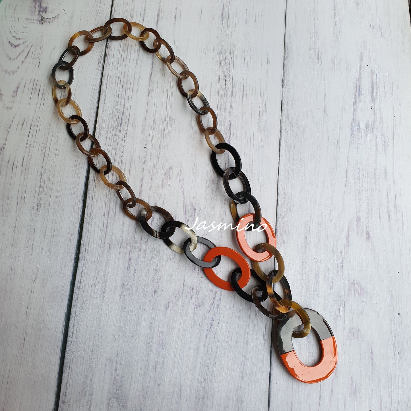 Jasmino unique handmade circle chain link necklace features brown and orange in natural buffalo horn for women