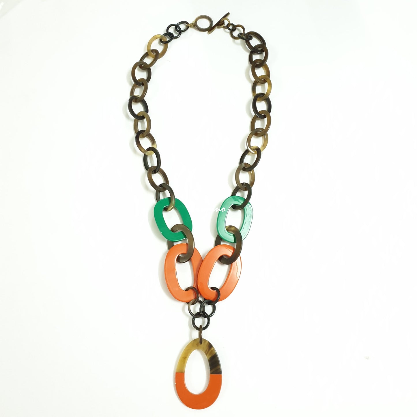 unique handmade Bohemian chain link necklace features green and orange in natural buffalo horn on Thanksgiving