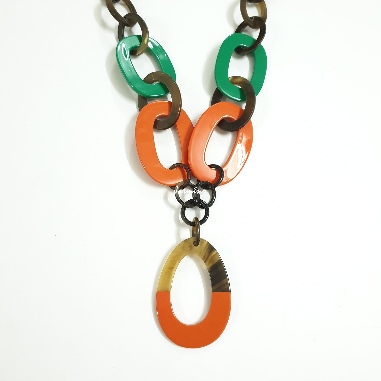 unique handmade Bohemian chain link necklace features green and orange in natural buffalo horn on Thanksgiving