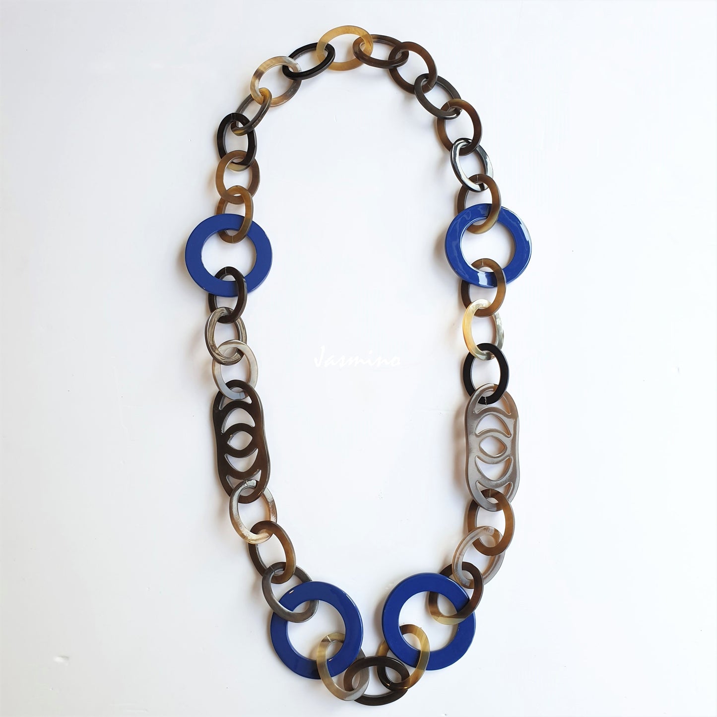 Jasmino unique handmade Bohemian chain link necklace features blue and brown in natural buffalo horn