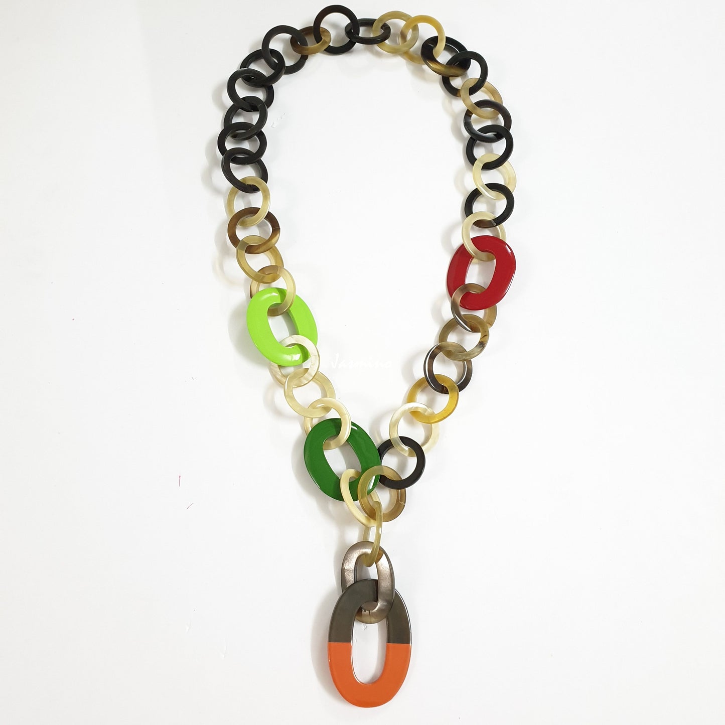 unique handmade Bohemian chain link necklace features different cultures in natural buffalo horn for women