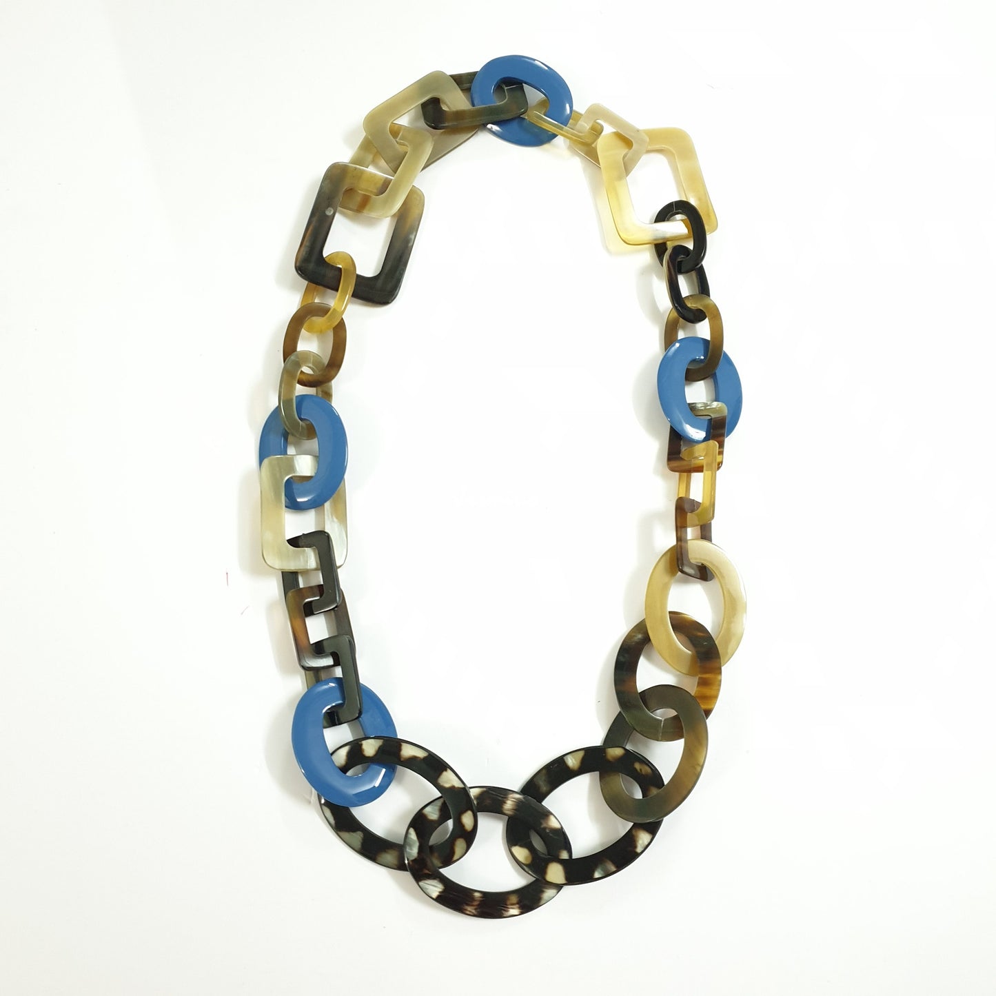 unique handmade circle rectangle necklace jewelry features black and blue in natural buffalo horn 