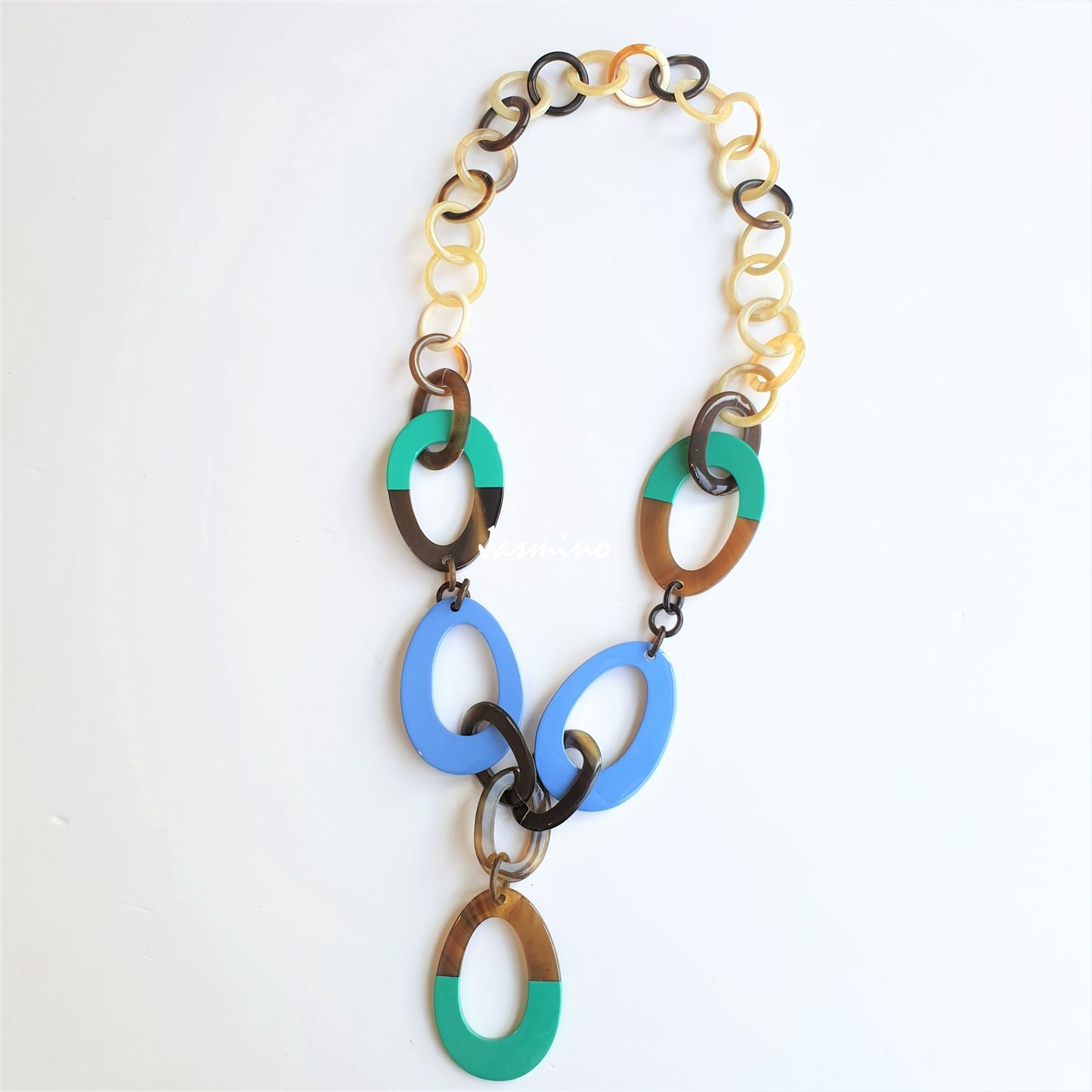 unique handmade Bohemian oval chain link necklace features blue and turquoise in natural buffalo horn for women's gifts 