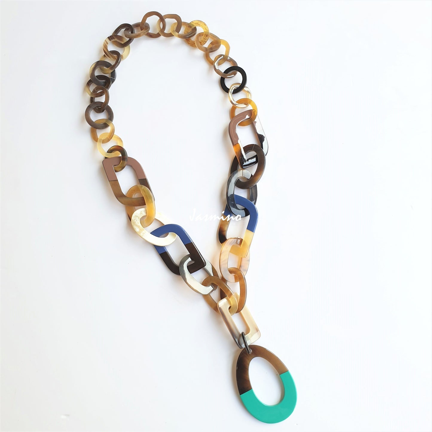 Jasmino unique handmade Bohemian chain link necklace features blue and turquoise in natural buffalo horn for women's gifts