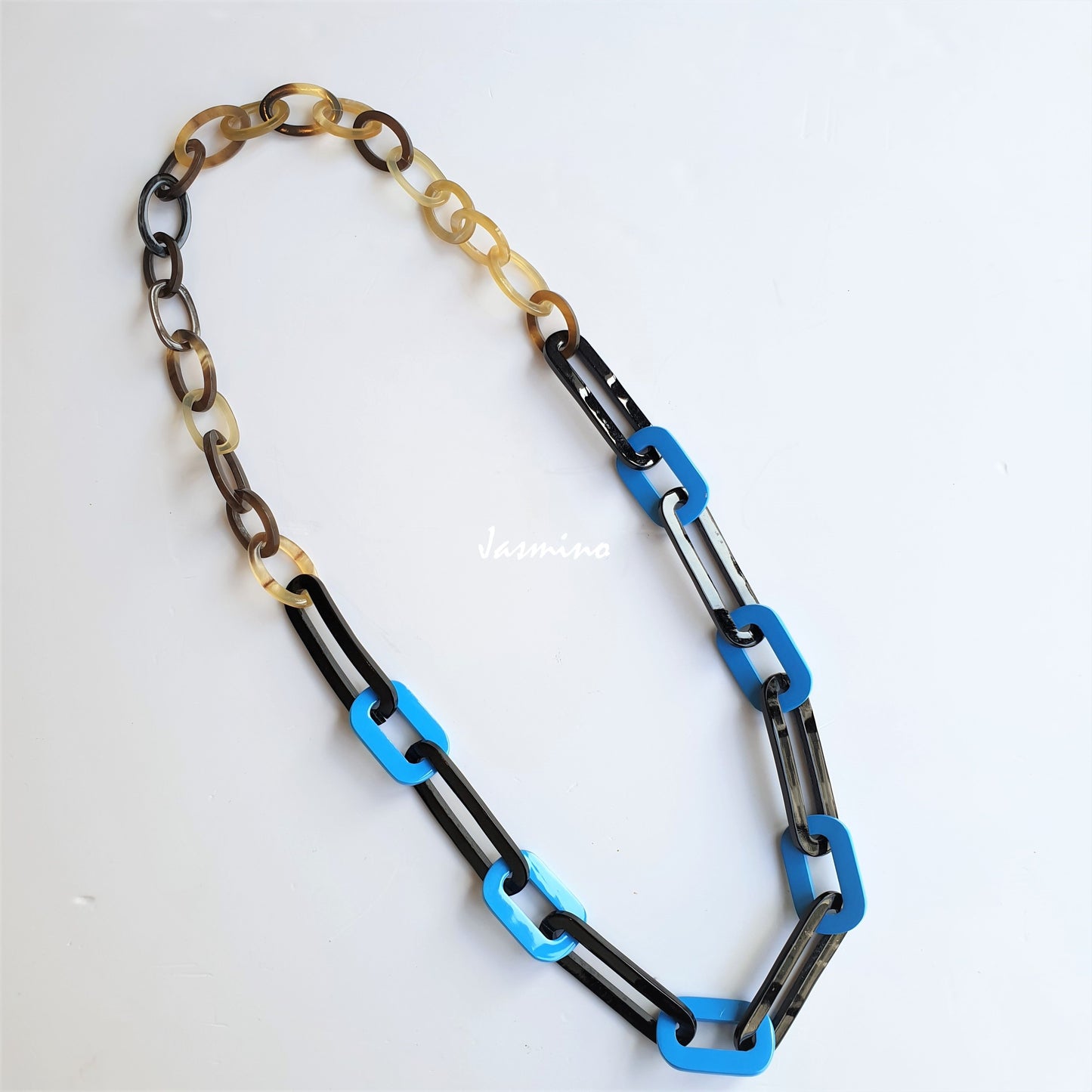 Jasmino unique handmade chain link necklace jewelry accessory features black and blue in natural buffalo horn for women