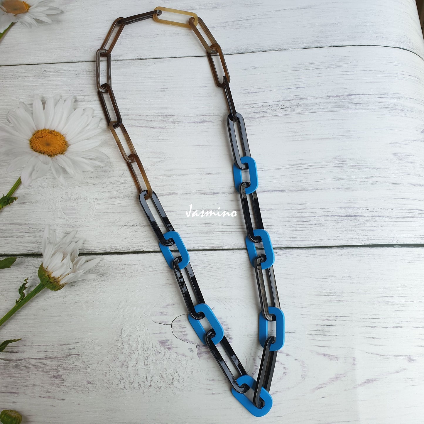 Jasmino unique handmade Vintage rectangle long chain necklace features black and blue in natural buffalo horn for women