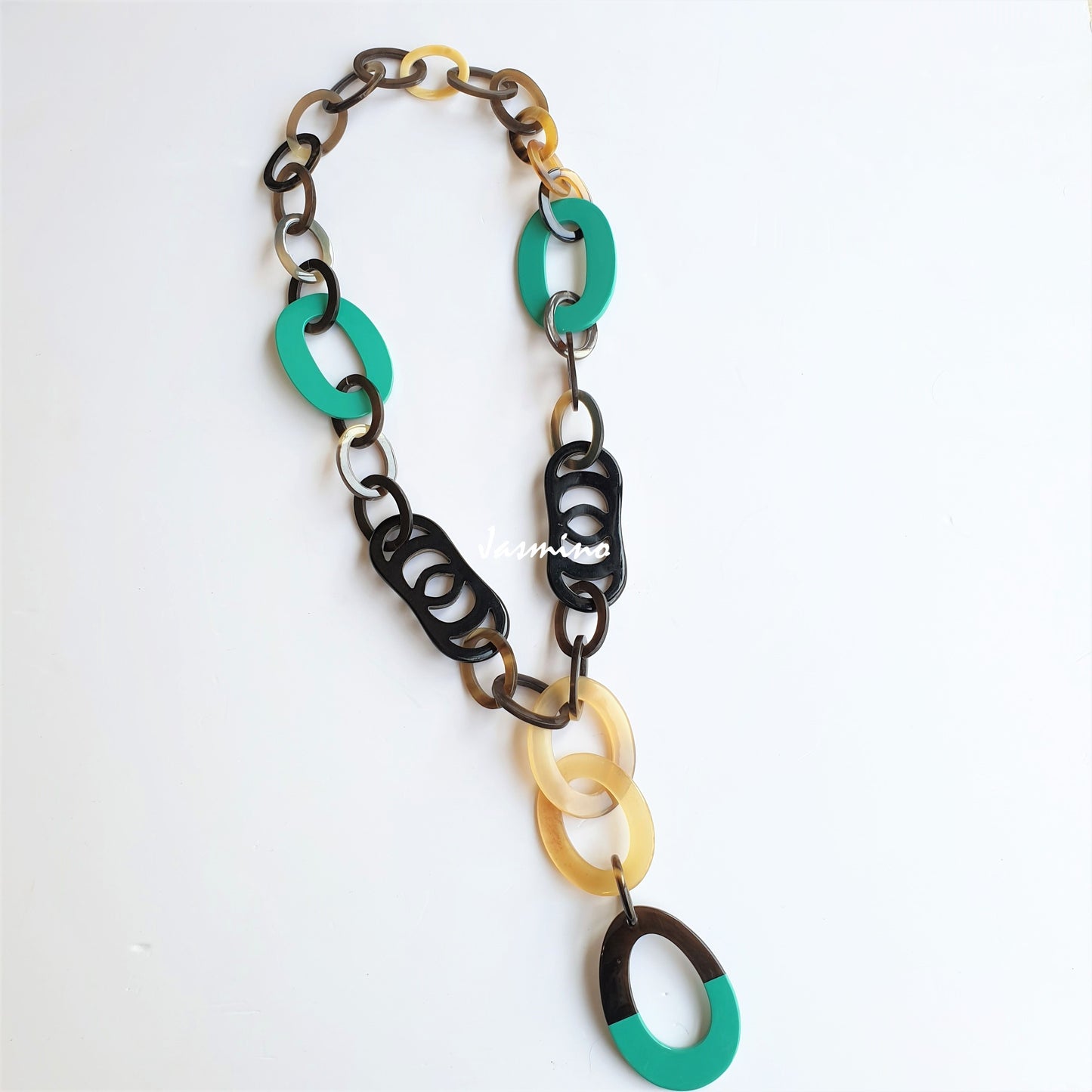 Jasmino unique handmade Bohemian chain link necklace features brown and turquoise in natural buffalo horn for women's gifts 