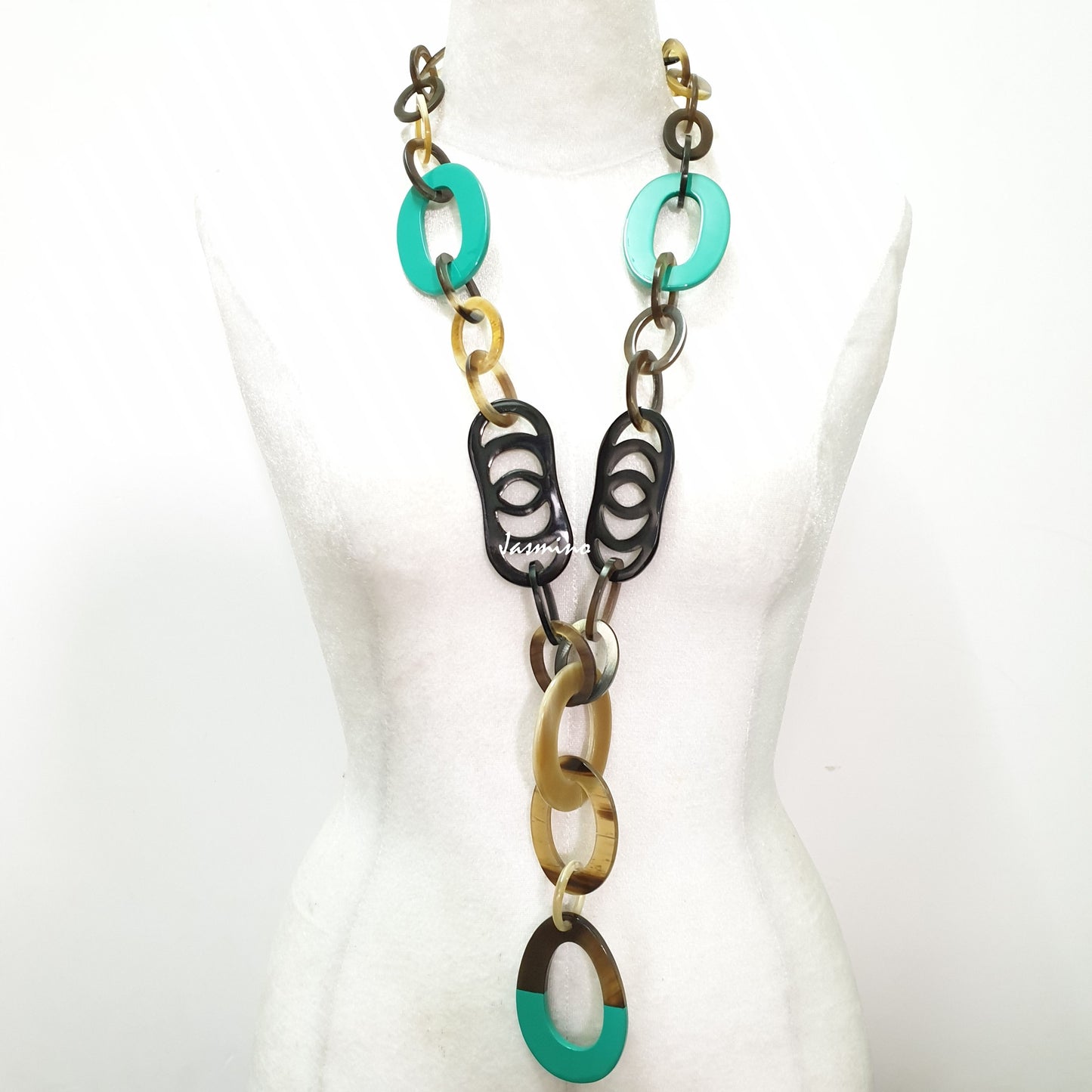 Jasmino unique handmade Bohemian chain link necklace features brown and turquoise in natural buffalo horn for women's gifts