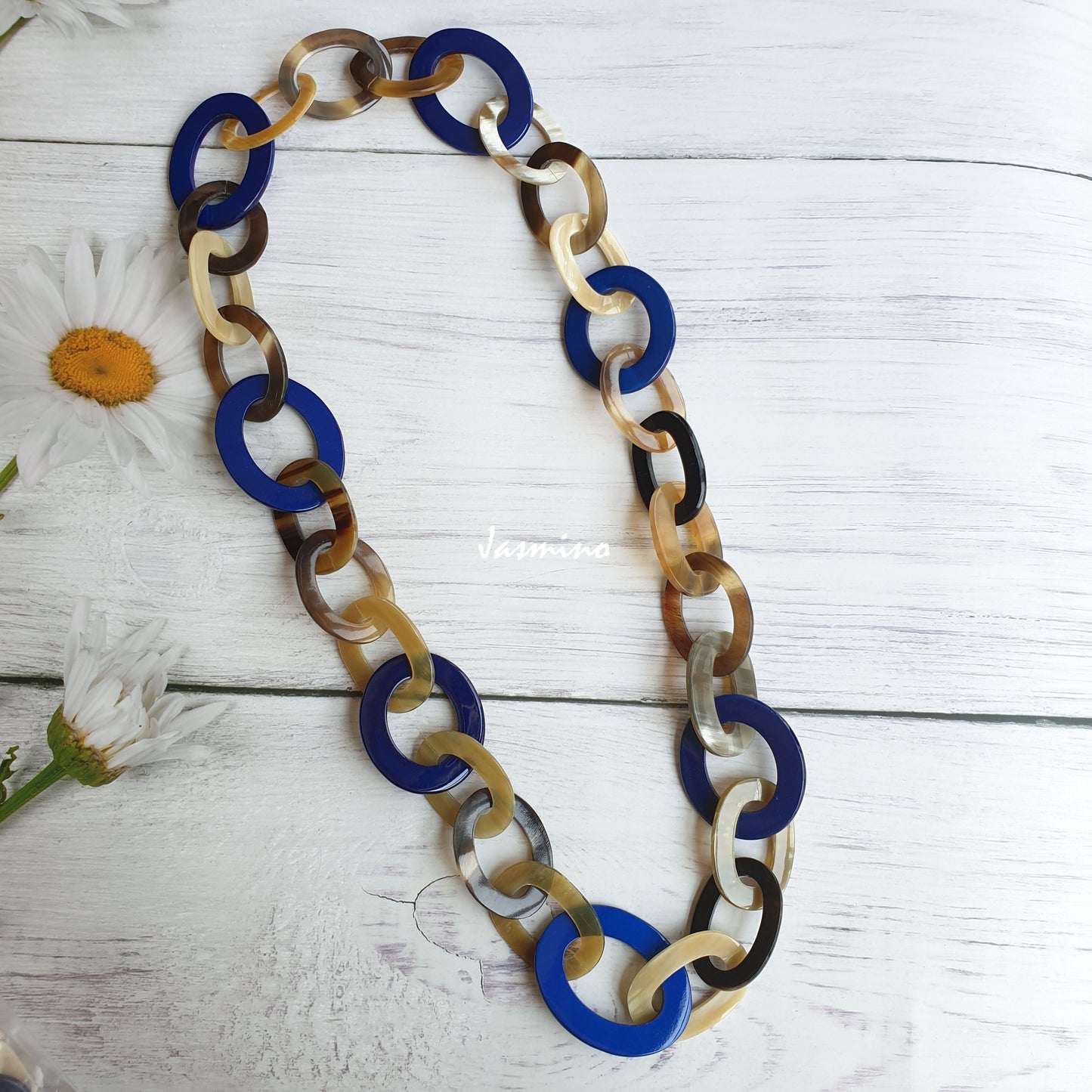 Jasmino unique handmade Vintage chain link necklace features blue and brown in natural buffalo horn for women's gifts