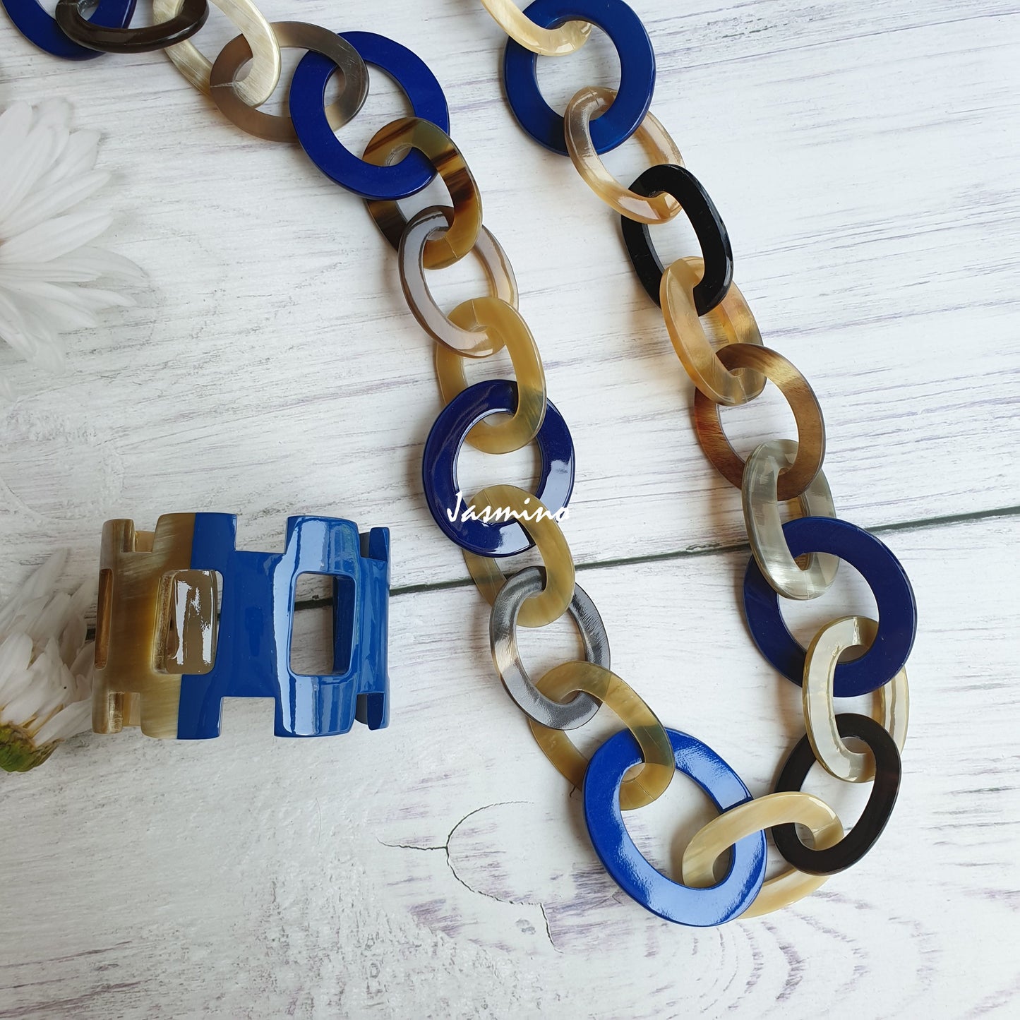 A set of Jasmino unique handmade Vintage chain link necklace and cuff bracelet featured blue and brown in natural buffalo horn for women's gifts