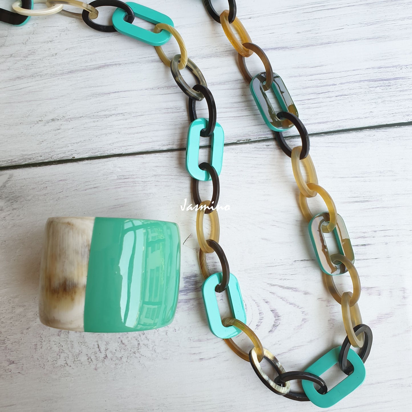 Jasmino unique handmade Vintage turquoise chain link necklace and bangle bracelet jewelry accessory in natural buffalo horn for women