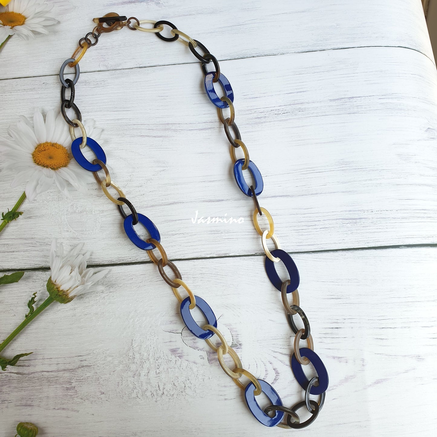 Jasmino unique handmade Bohemian chain link necklace features blue and brown in natural buffalo horn for women 