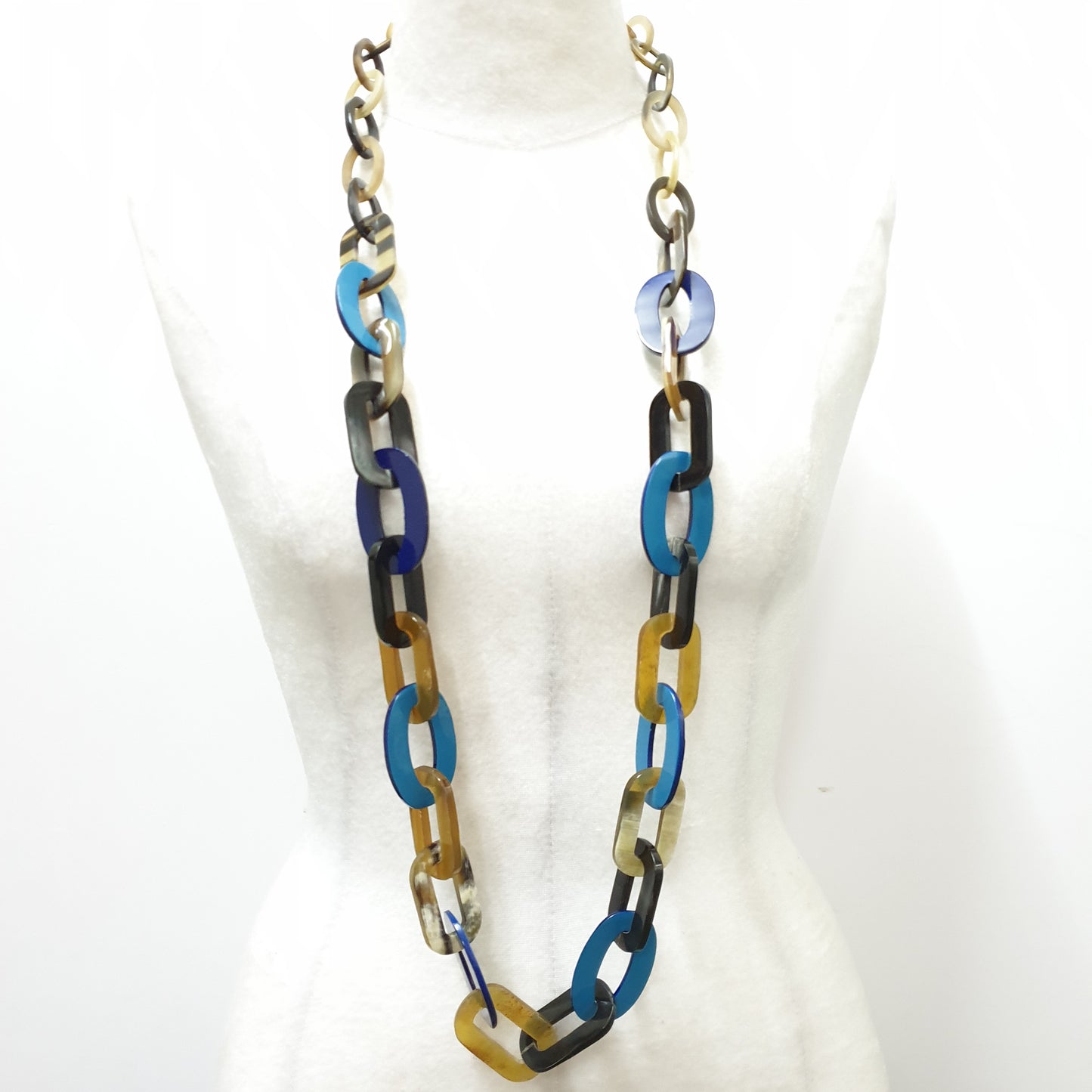 Jasmino unique handmade Bohemian chain link necklace features blue and brown in natural buffalo horn for women