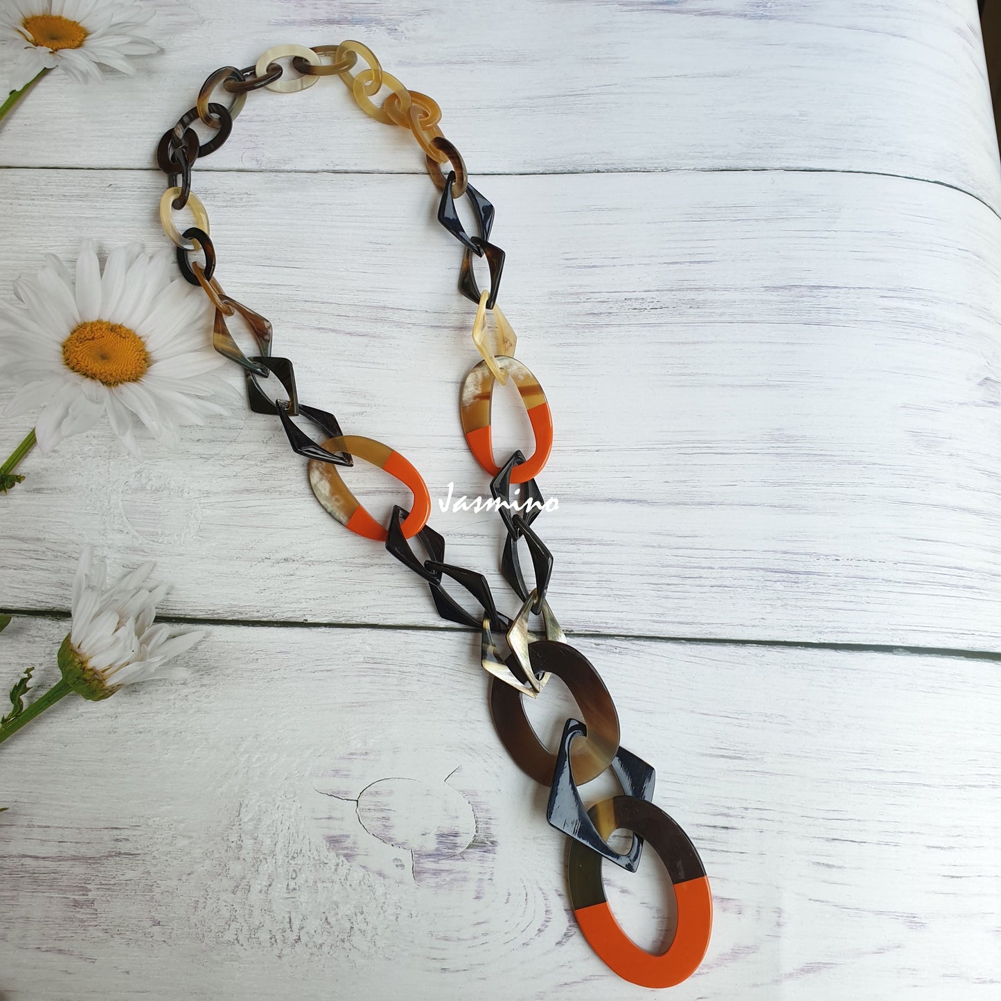 Jasmino unique handmade Bohemian long chain link necklace jewelry features brown and orange in natural buffalo horn for women on Thanksgiving 