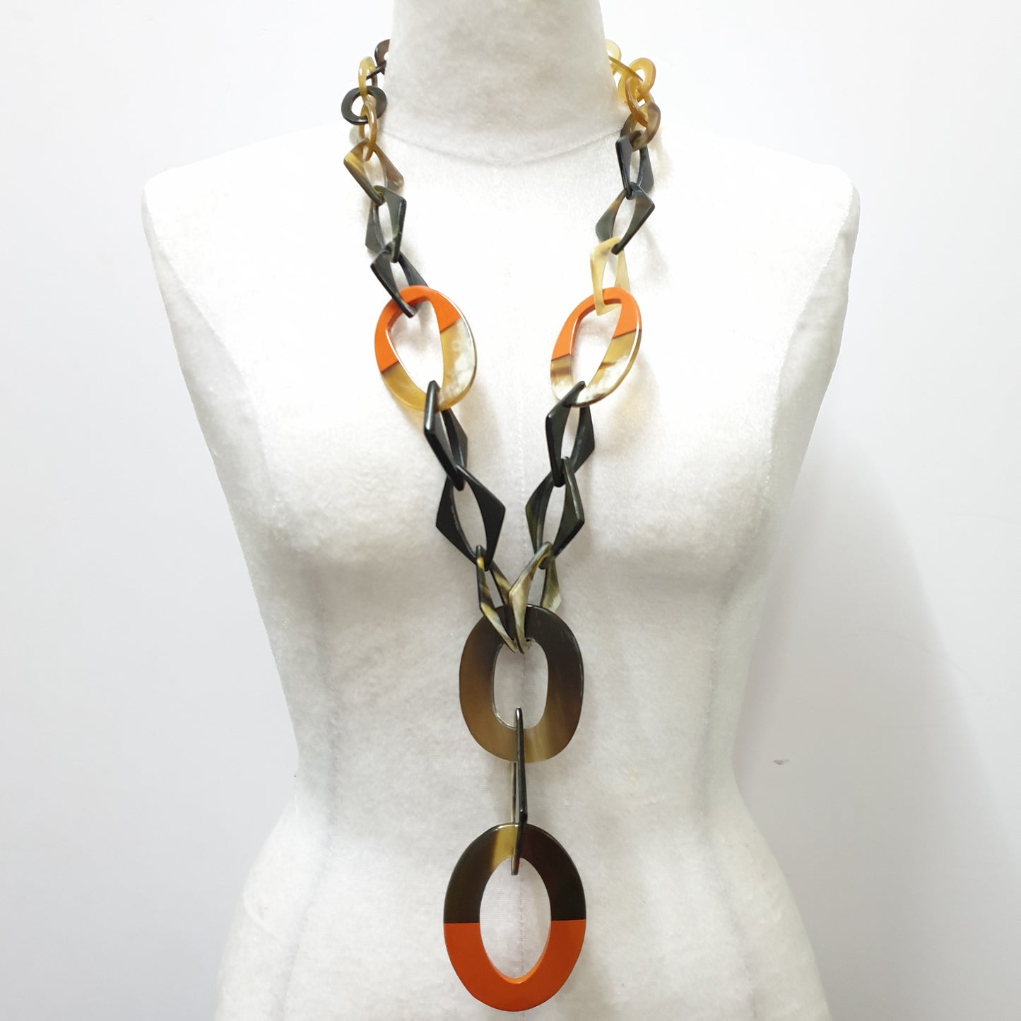 Jasmino unique handmade Bohemian long chain link necklace jewelry features brown and orange in natural buffalo horn for women on Thanksgiving 