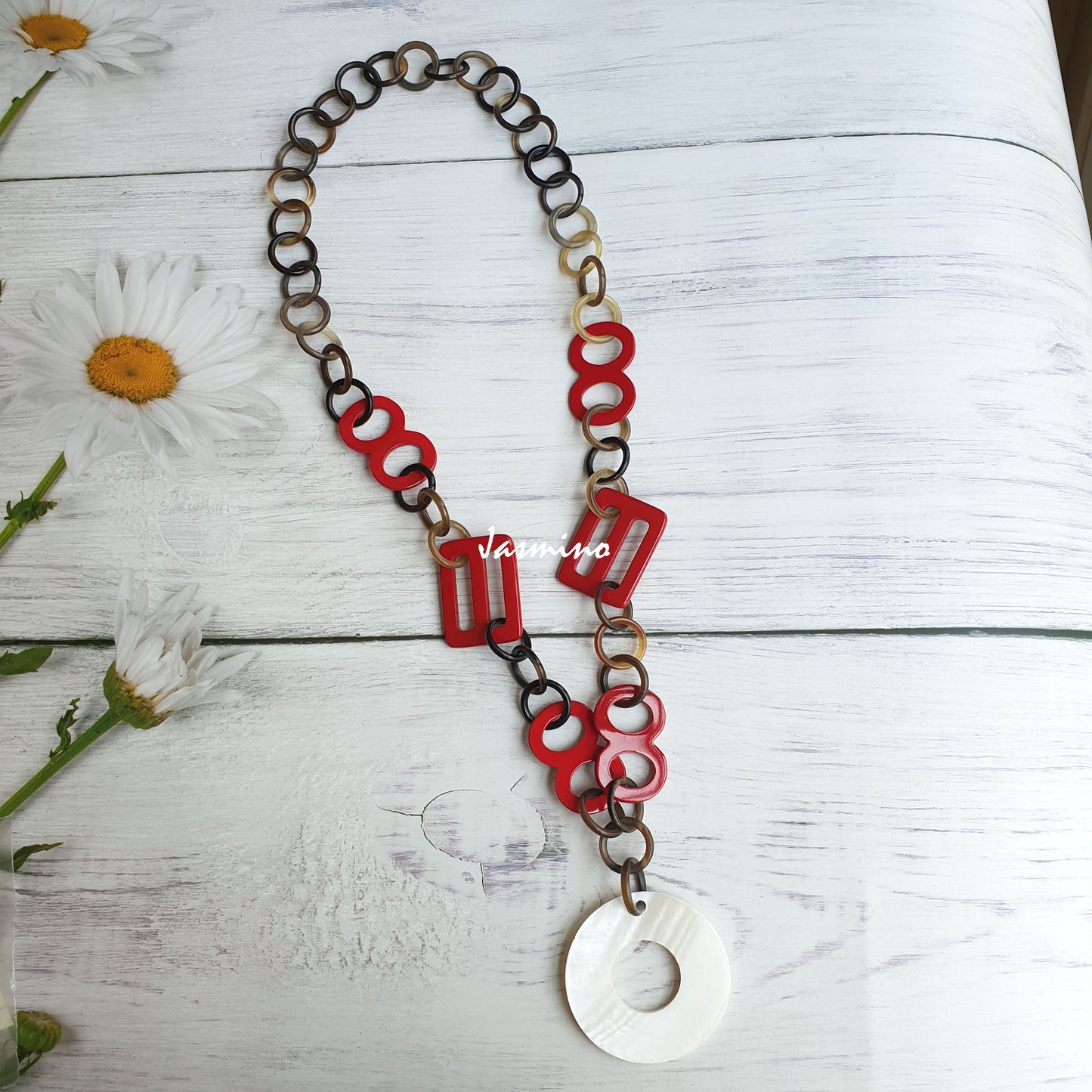 Jasmino unique handmade Vintage red chain link necklace jewelry accessory in natural buffalo horn for women's gifts 