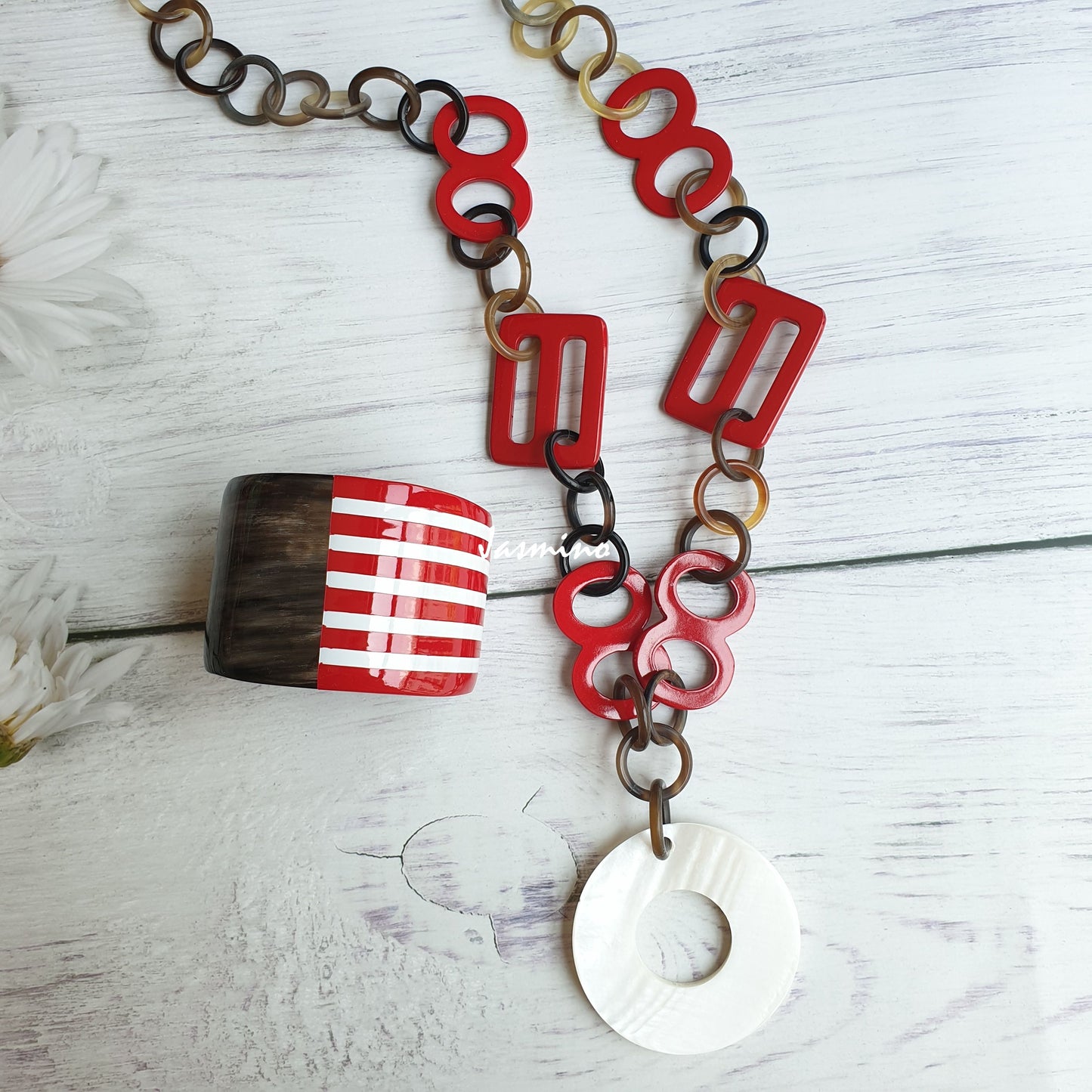 A set of Jasmino unique handmade Vintage red chain link necklace and cuff bracelet jewelry accessory in natural buffalo horn for women's gifts 