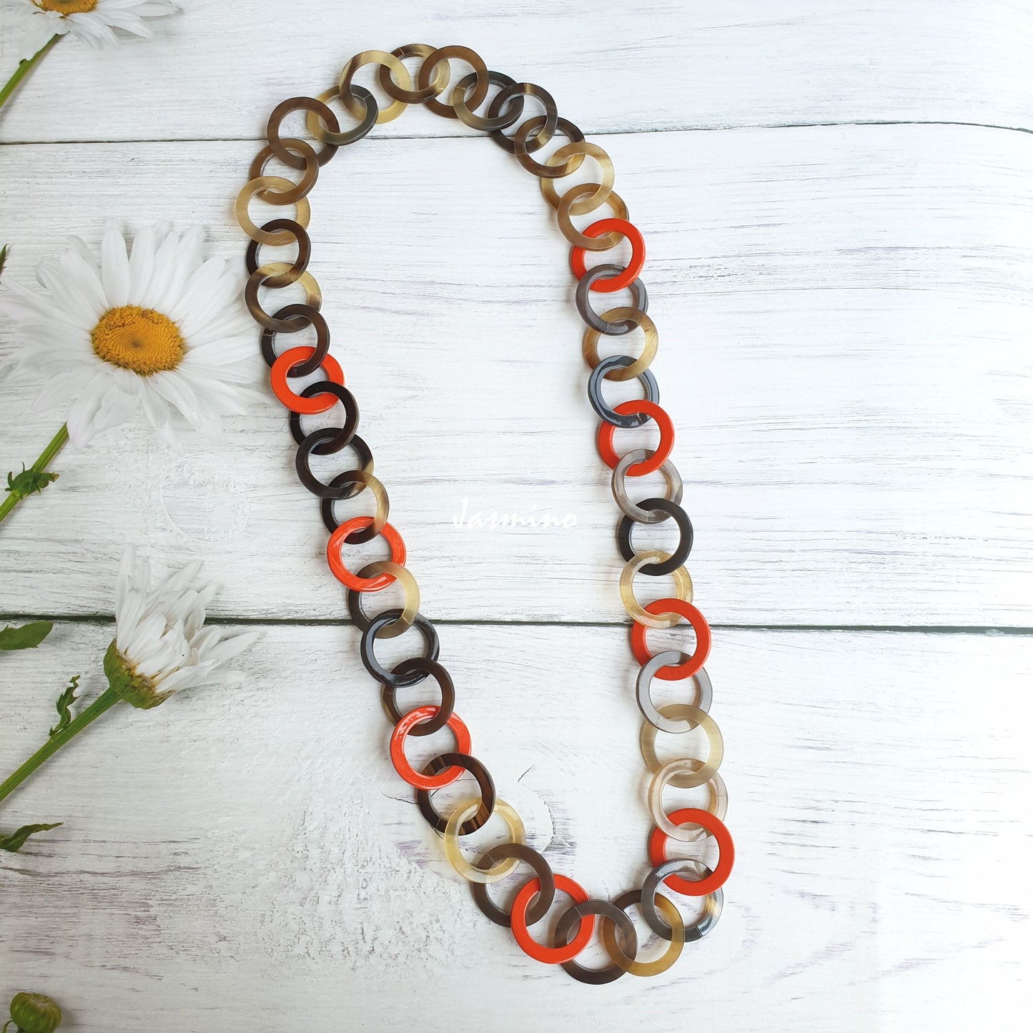 Jasmino unique handmade Bohemian chain link necklace features brown and orange in natural buffalo horn for women's gifts 