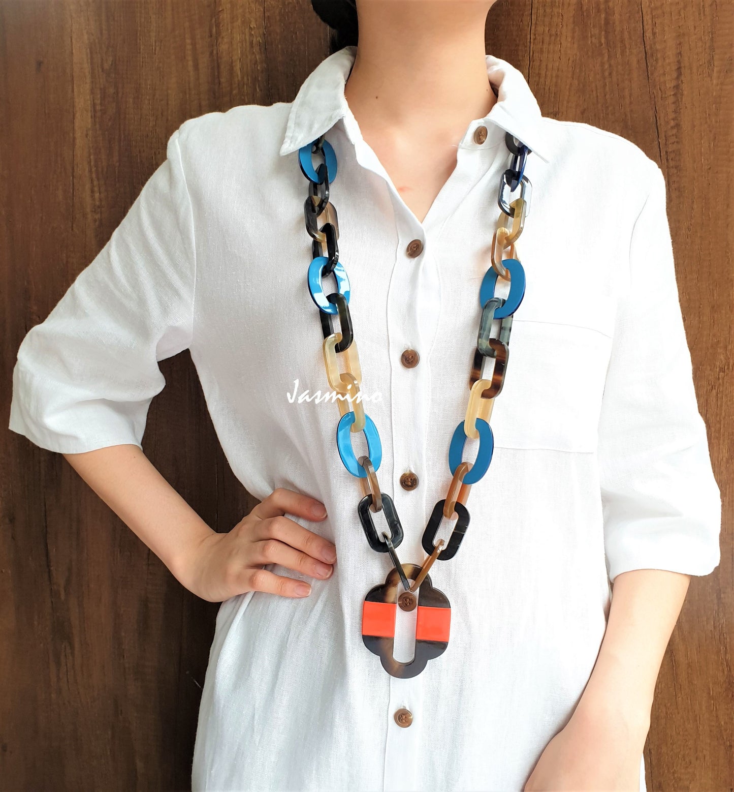 Jasmino unique handmade Bohemian chain link necklace and accessory features blue in natural buffalo horn for women