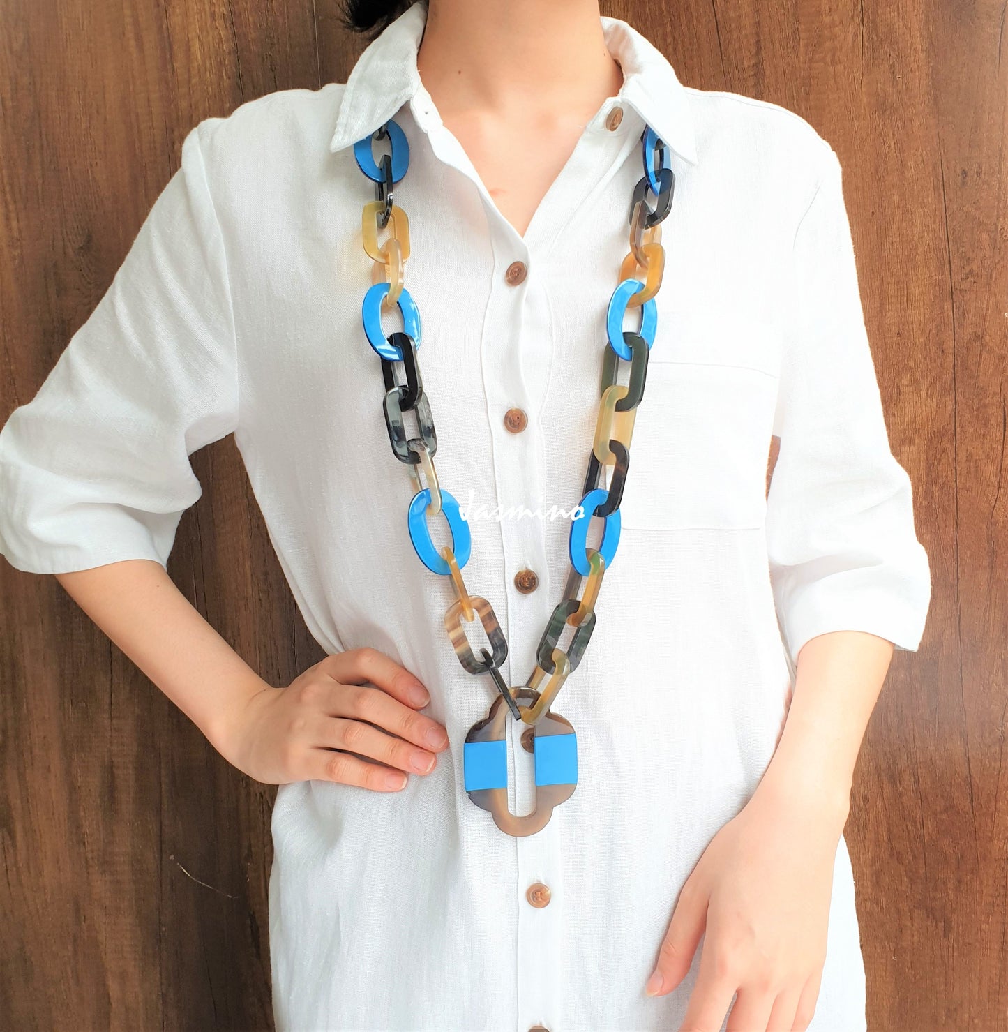 Jasmino unique handmade Bohemian chain link necklace and accessory features blue in natural buffalo horn for women