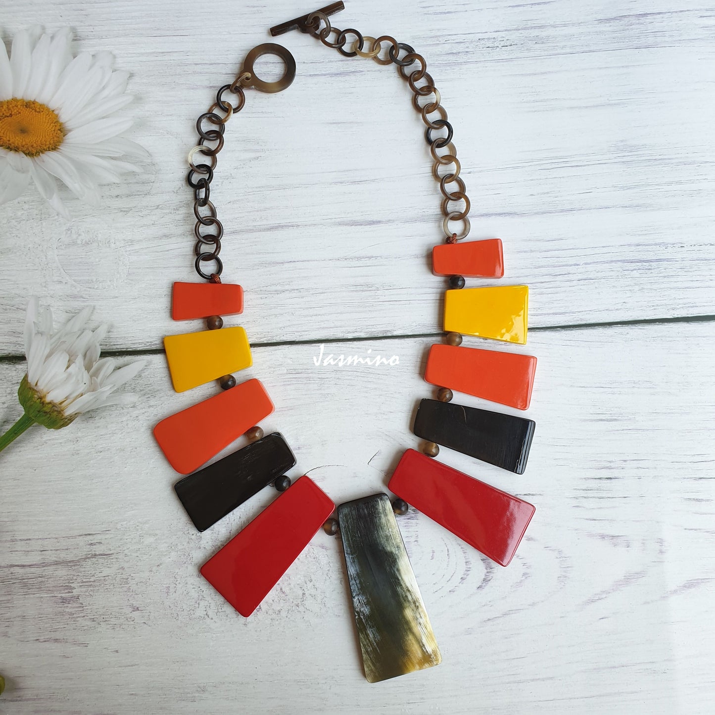 Jasmino unique handmade Bohemian Ethnic Vintage necklace features alternating rectangles with orange and yellow in natural buffalo horn for women