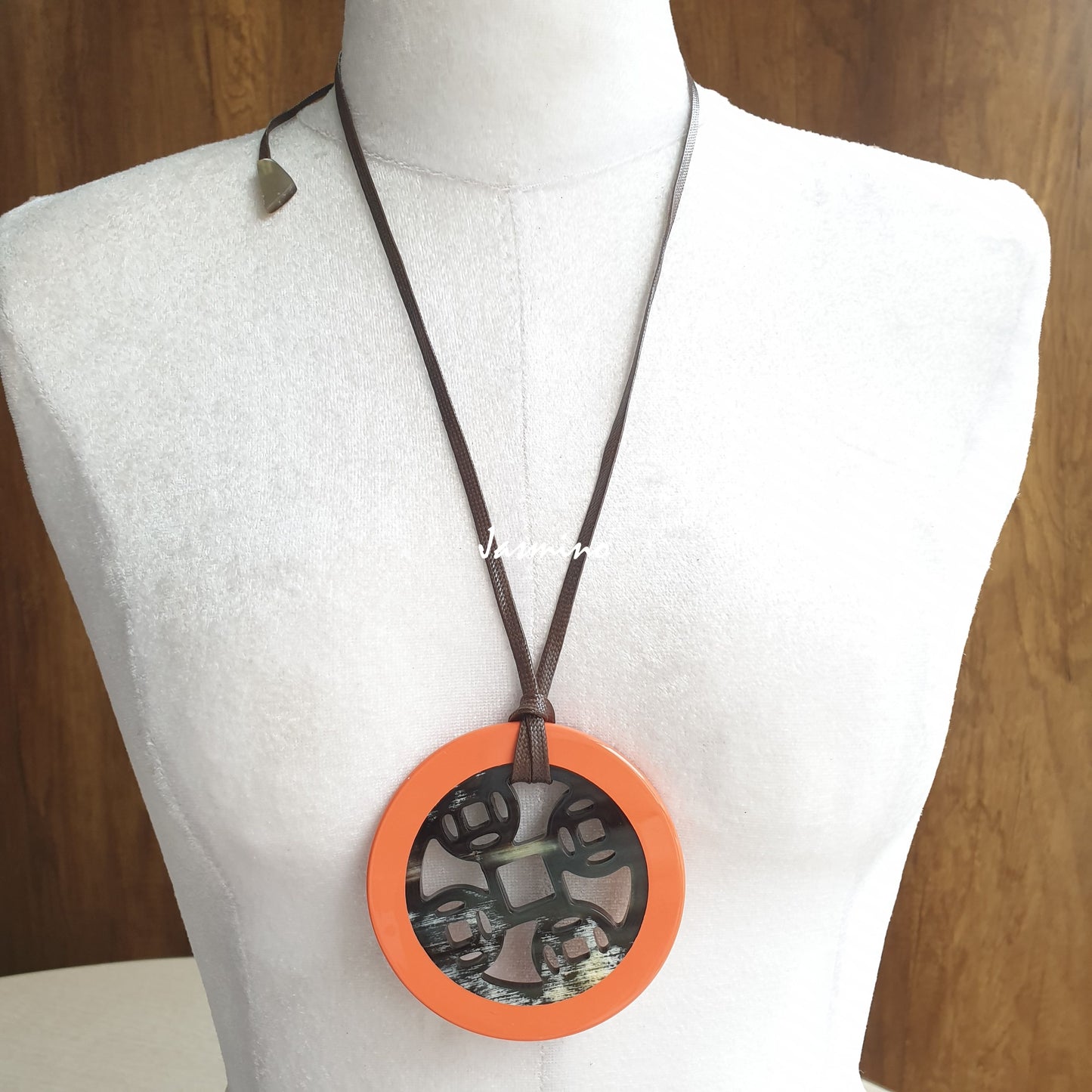 Jasmino unique handmade Vintage circle necklace features a central brown square shape and an orange outline in natural buffalo horn for women