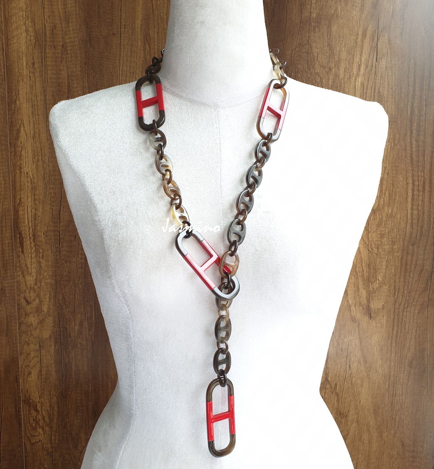 Jasmino unique handmade Vintage chain link necklace jewelry features brown and red in natural buffalo horn for women