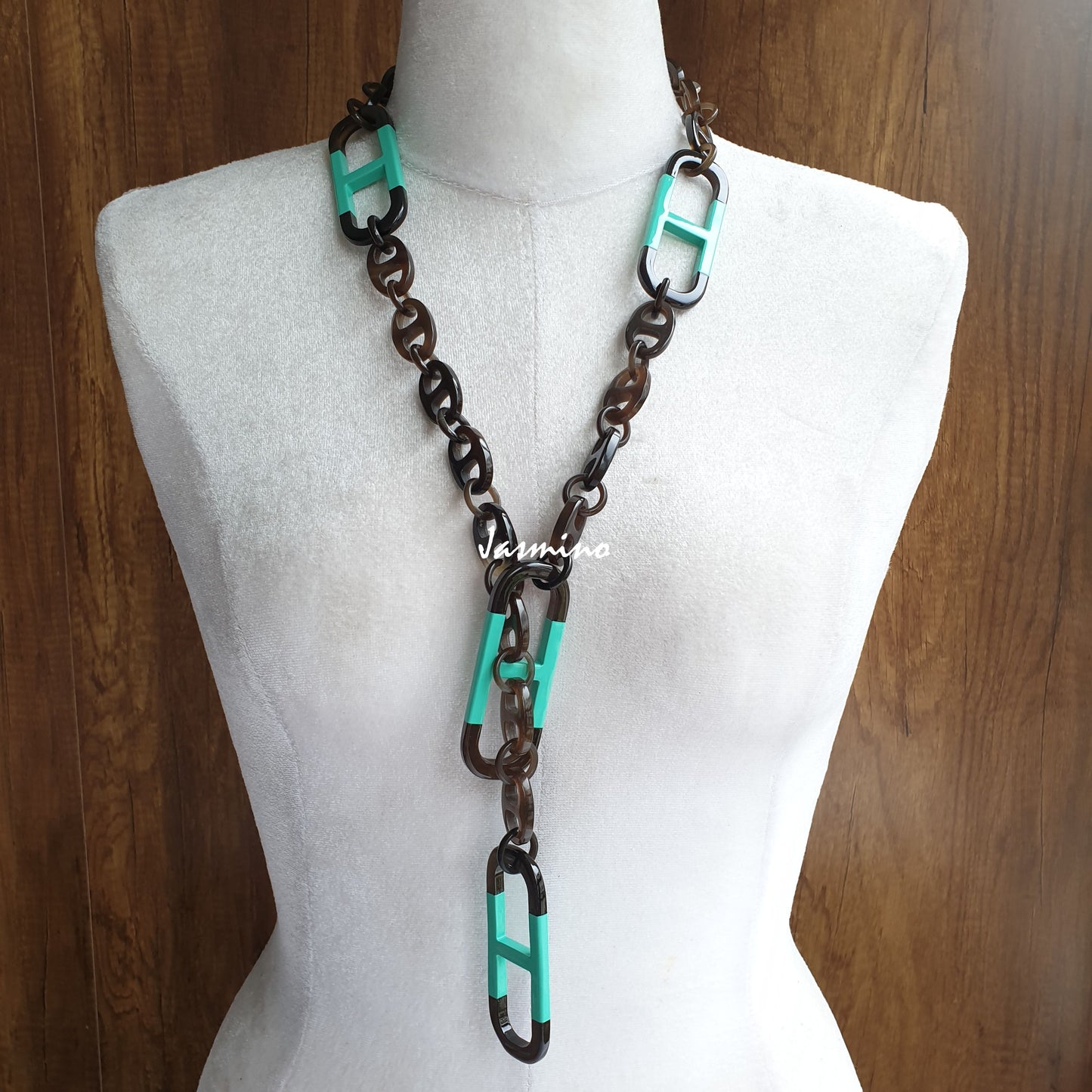 Jasmino unique handmade Vintage chain link necklace jewelry features brown and turquoise in natural buffalo horn for women