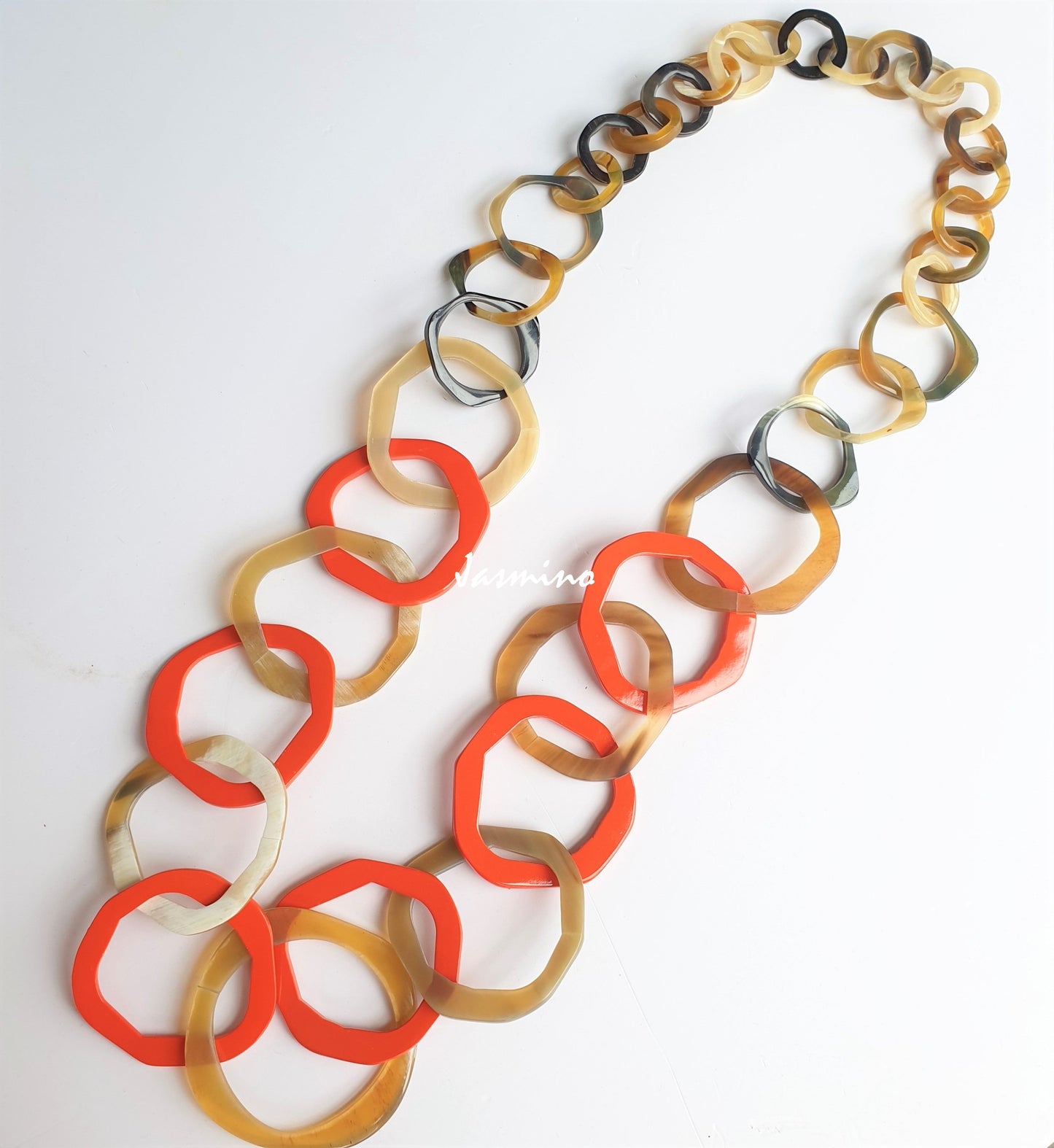 Jasmino unique handmade Minimalist Vintage geometric circle chain link necklace features brown and orange in natural buffalo horn on Thanksgiving