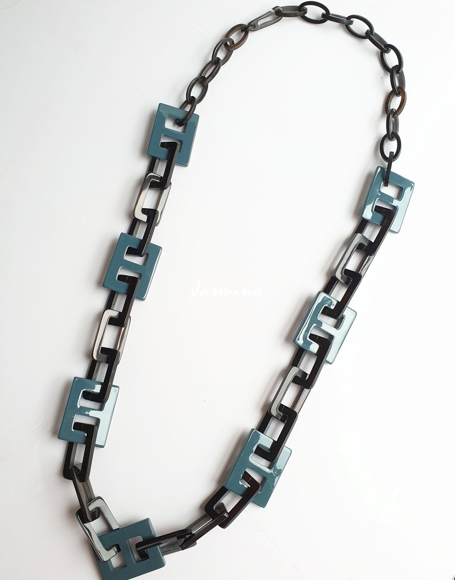 Jasmino unique handmade Vintage D-shaped rectangle chain link necklace features greyish blue in natural buffalo horn for women